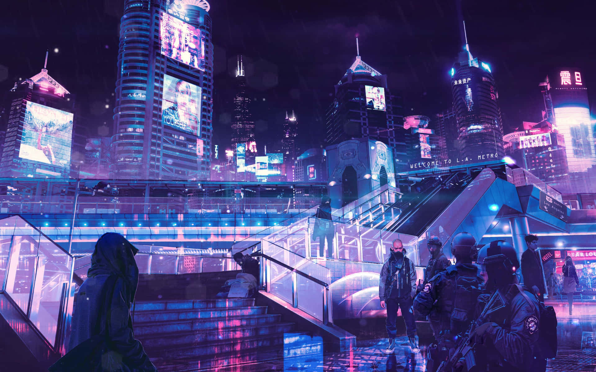 未來城市夜景，閃爍的霓虹招牌和雨濕街道上的人們。
