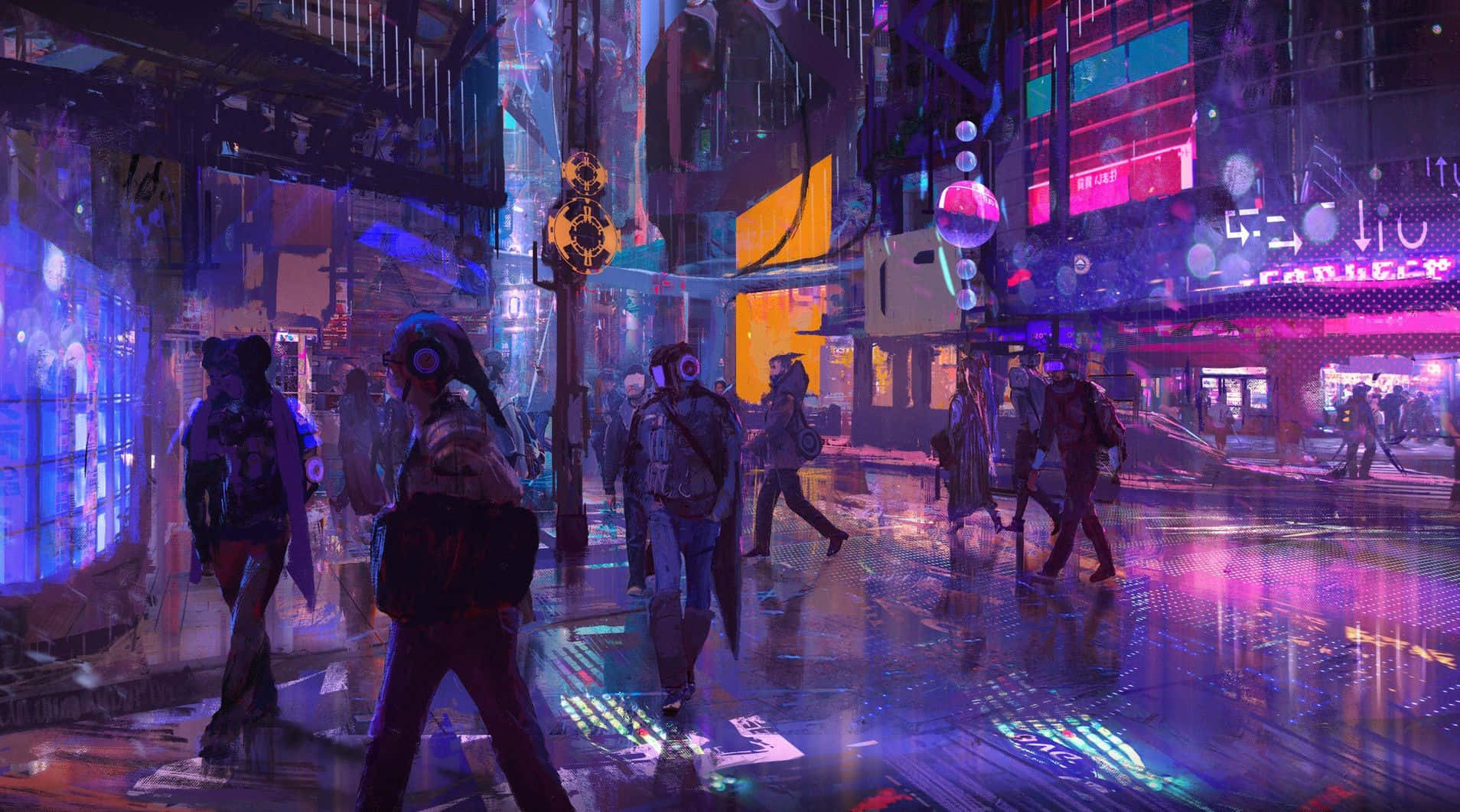 夜晚霓虹燈照亮 cyberpunk 城市街道，人們在雨中行走。