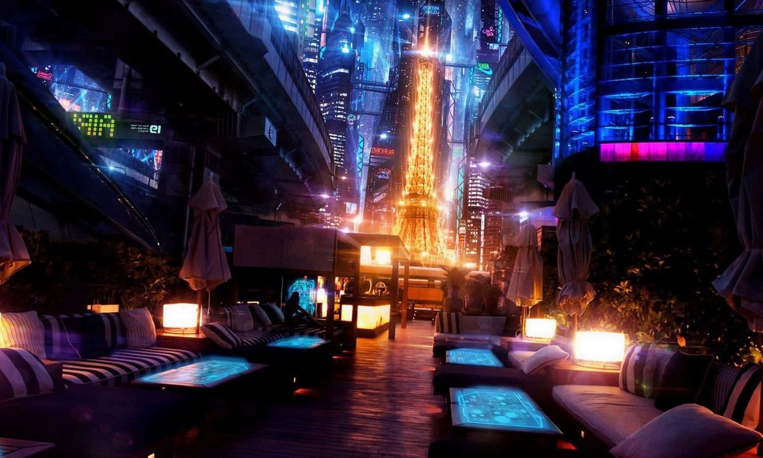 夜晚從霓虹燈照亮的屋頂酒廊看到的未來城市天際線。