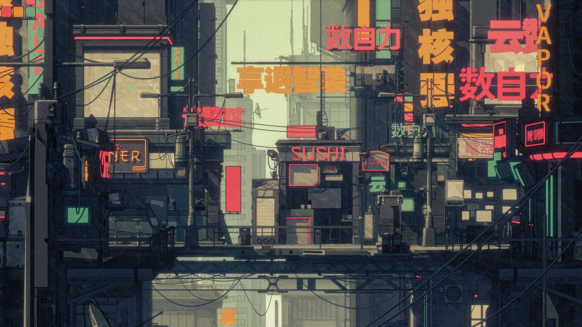 霓虹燈照亮賽博龐克城市，日語和英語招牌在夜間閃爍。