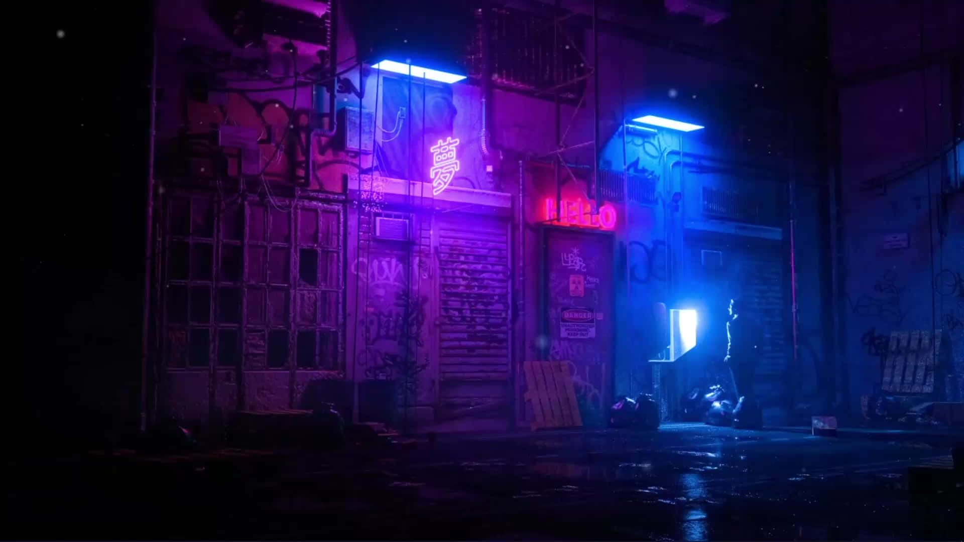 霓虹照亮夜晚的城市後巷，有雨和塗鴉