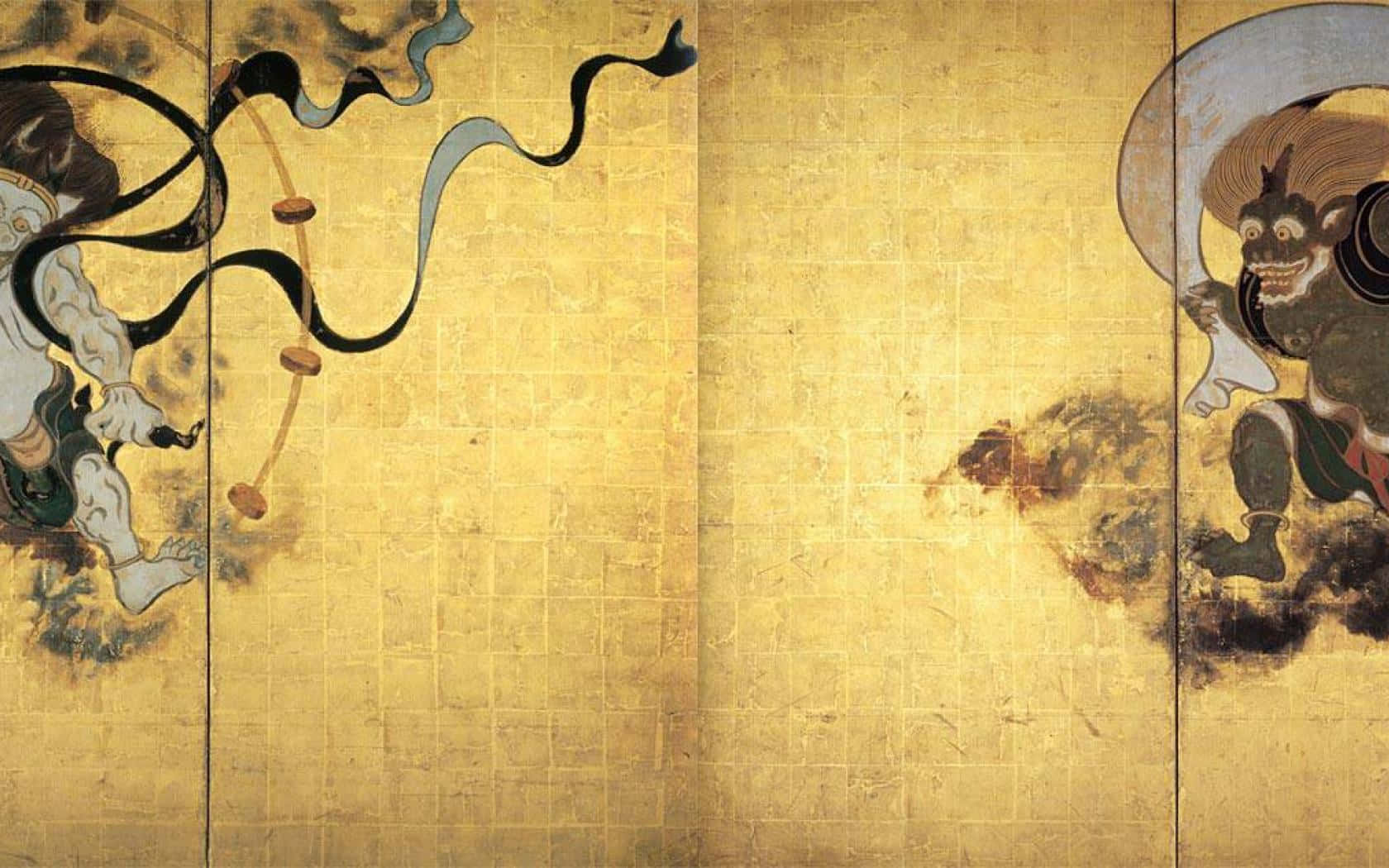 日本鄉間一座美麗的古遺跡 壁紙 — 傳統日本金箔屏風描繪了動態的神話人物，在帶有紋理的金色背景上飄揚著絲帶。