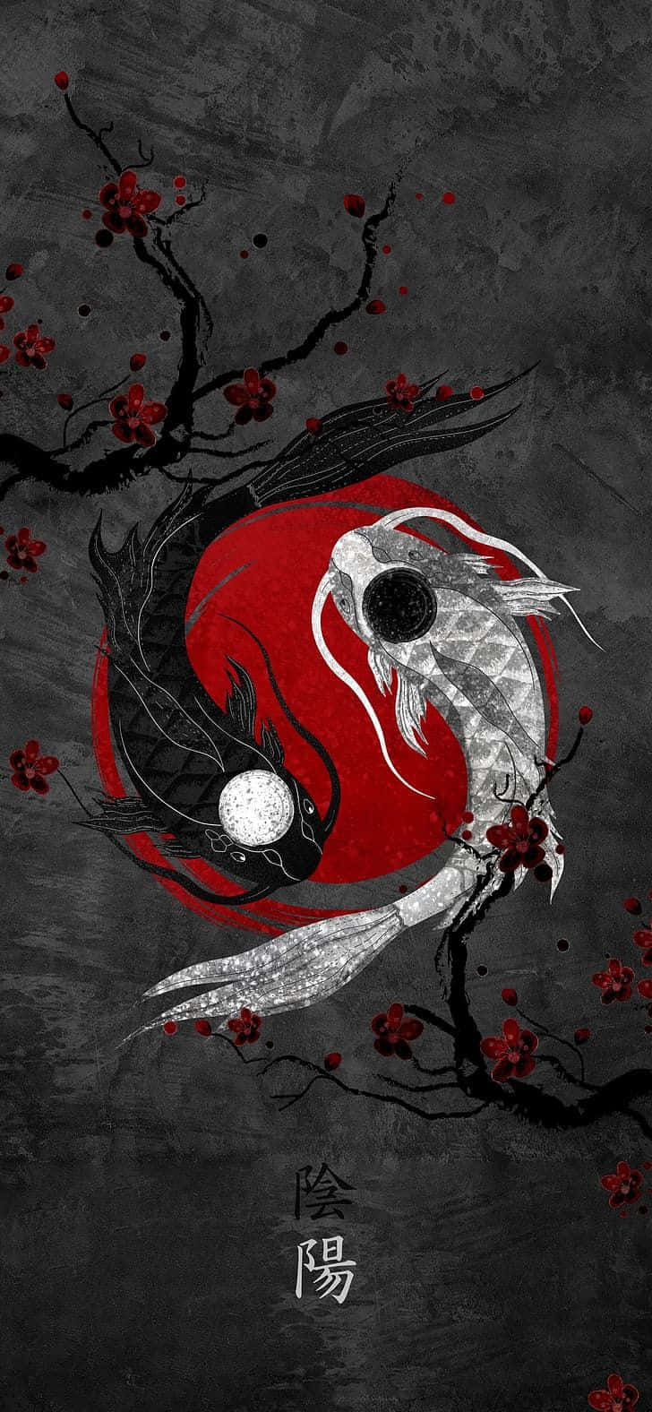 日本陰陽鯰魚4K藝術畫 壁紙 — 一個由兩條鯉魚（一黑一白）圍繞紅色圓圈旋轉形成的陰陽符號，背景為深灰色紋理，帶有紅色櫻花和漢字。
