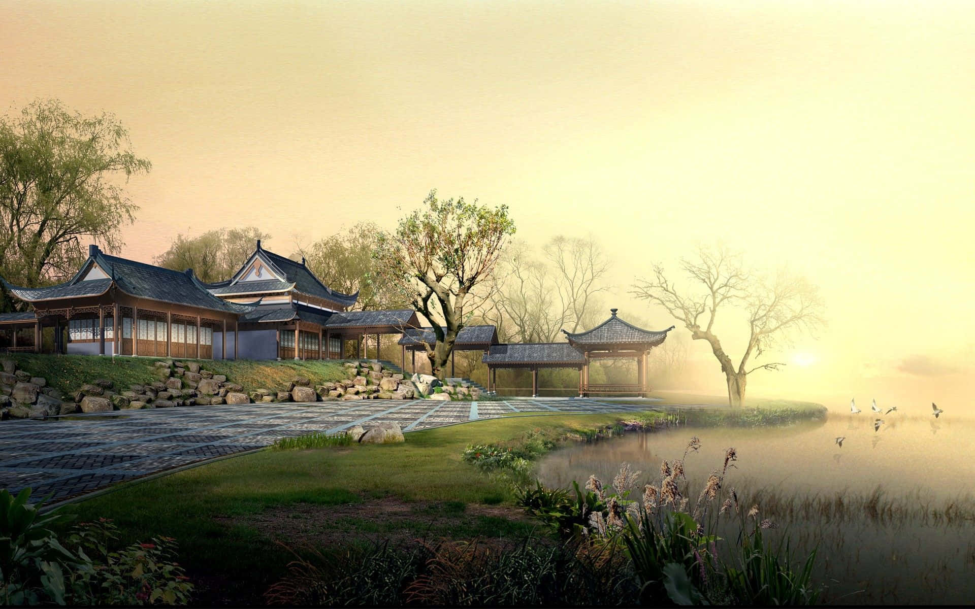 傳統亞洲亭台樓閣在霧氣繚繞的湖邊日出時，鳥兒在平靜的水面上飛翔。