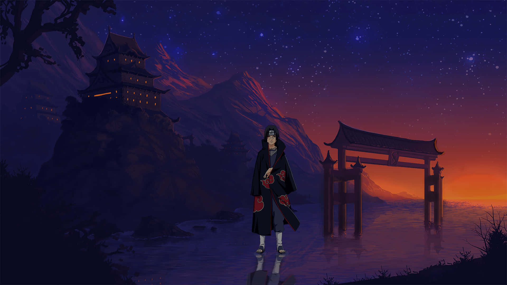 身穿黑色斗篷的動漫忍者站在黃昏的鳥居前，背景是山寺和星空。