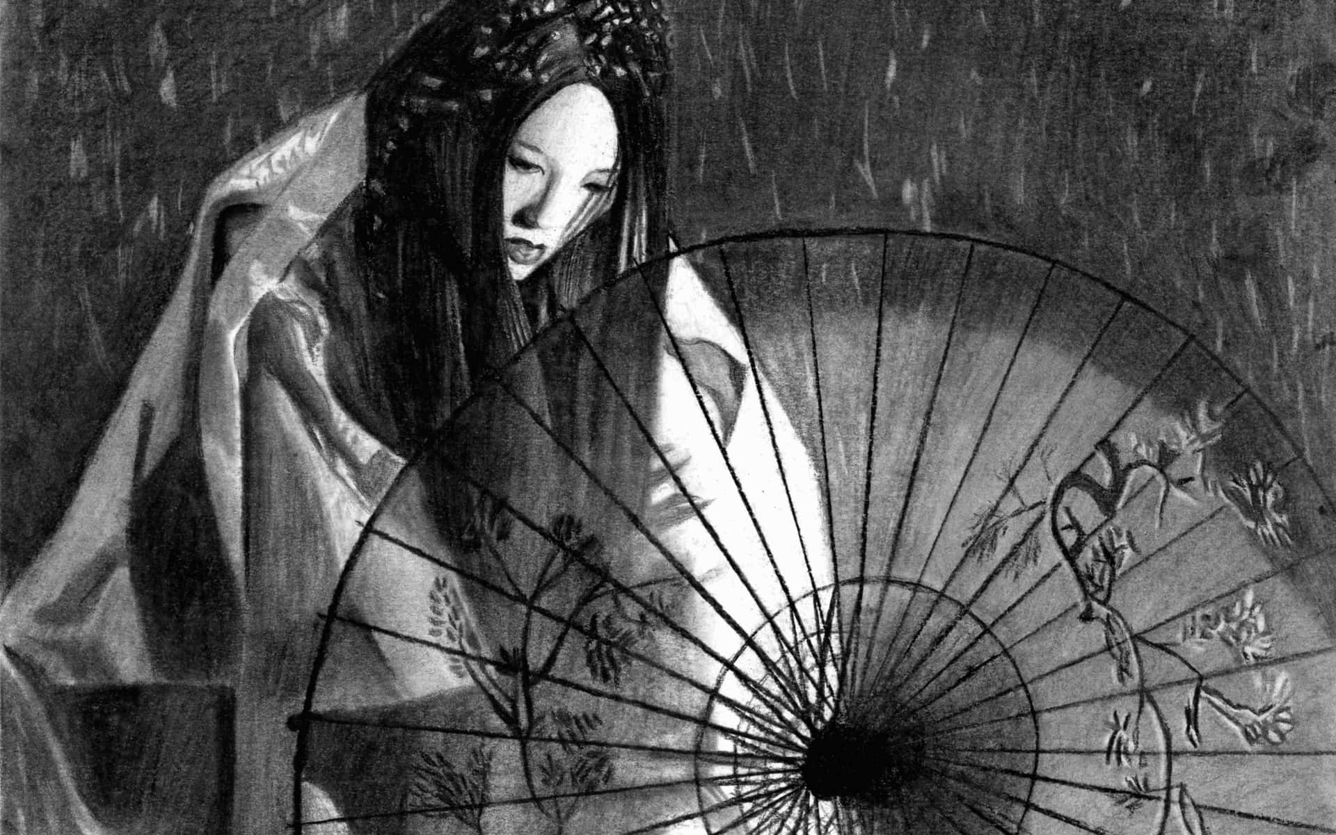 一位身穿傳統服飾的女子，雨點灑落四周，她手持一把裝飾扇。