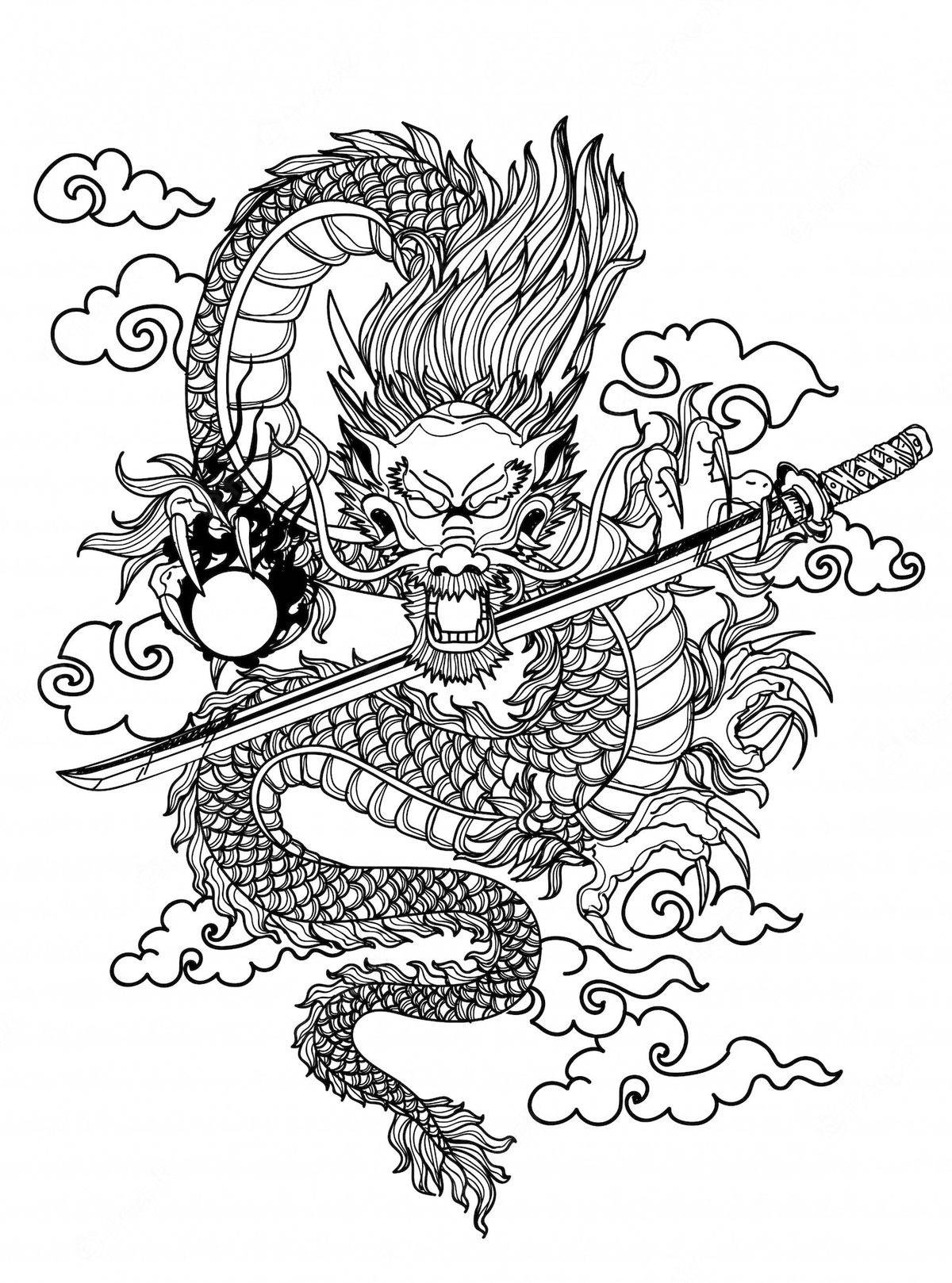 日本龍紋身插畫 壁紙 — 一條兇猛的黑白線條藝術龍纏繞著劍，周圍是旋轉的雲朵，表情強烈。