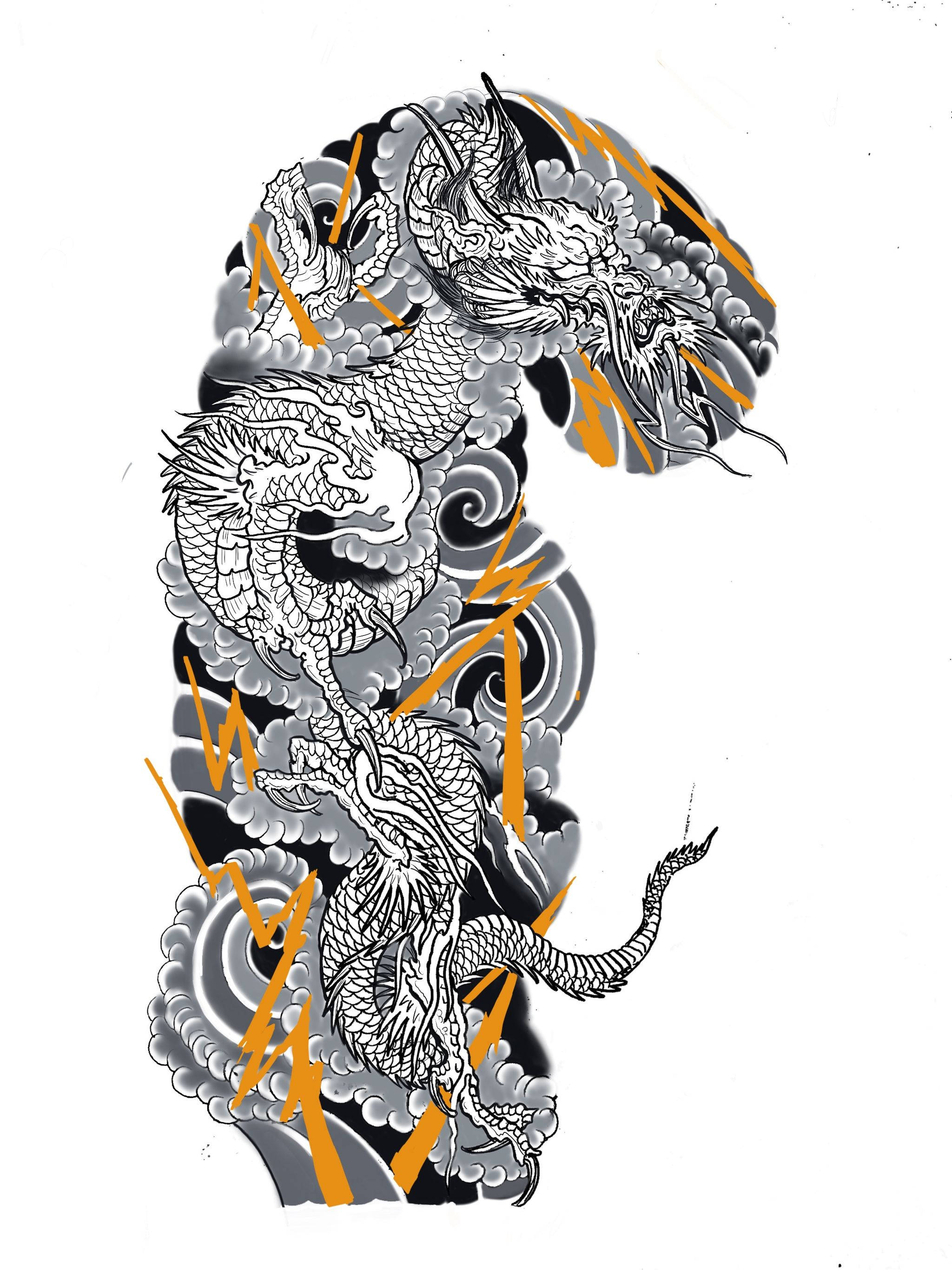 日本龍紋身插畫藝術 壁紙 — 一條充滿動感的黑、白、橙色紋身風格龍，盤旋於旋轉的雲層中，周圍有閃電擊落。