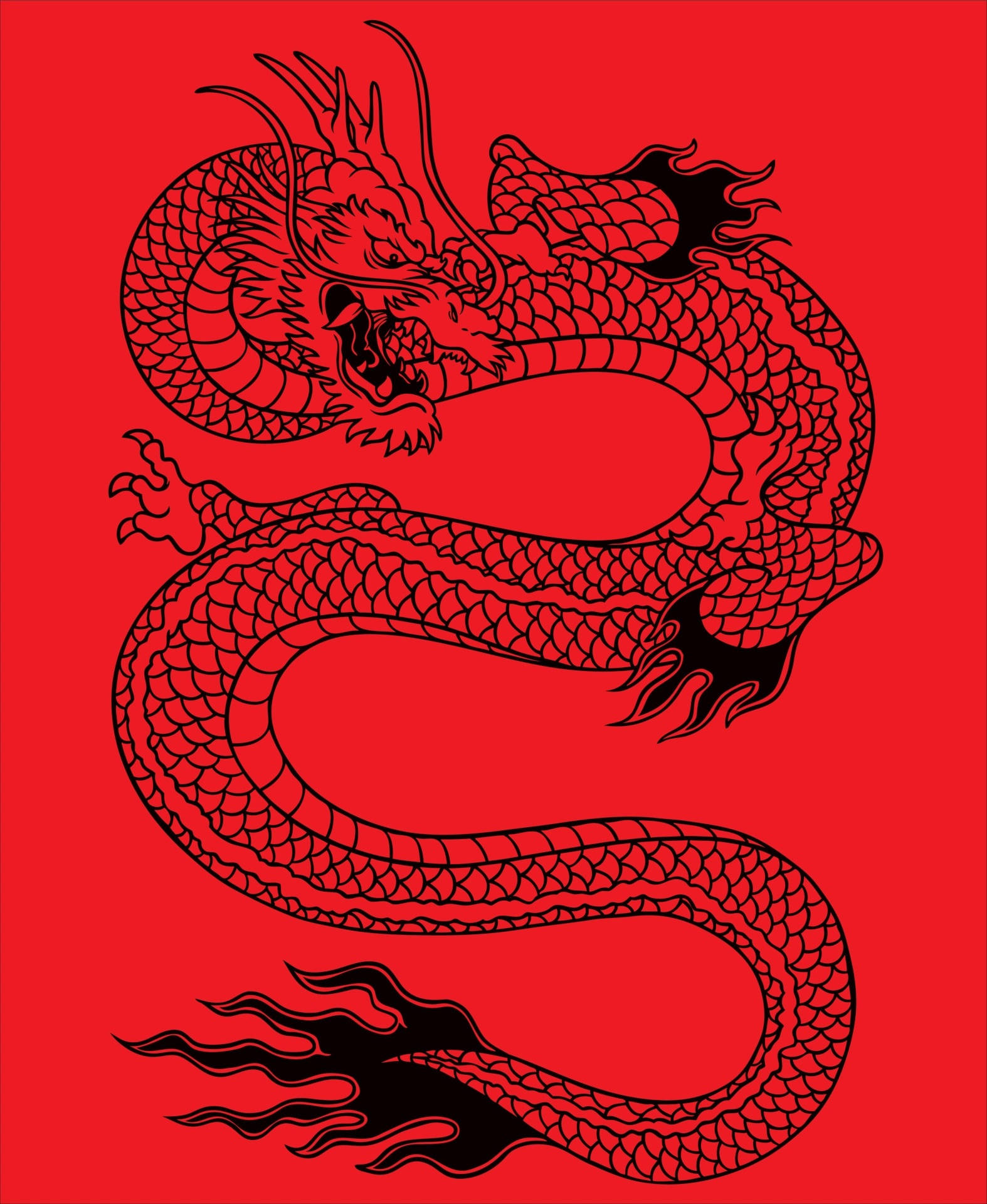 日本龍紋身紅色背景 壁紙 — 一條大膽的黑色中國龍，帶有火焰狀的尾巴和爪子，在鮮紅色的背景上動態盤繞。