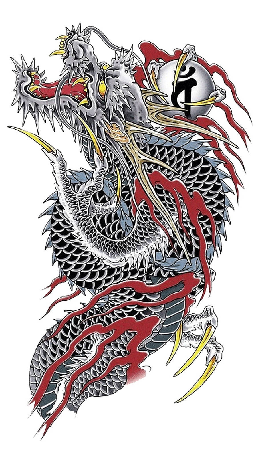 日本龍紋身設計 壁紙 — 一隻兇猛的黑銀色龍，帶有紅色火焰和黃色爪子，纏繞著一個發光的球體。