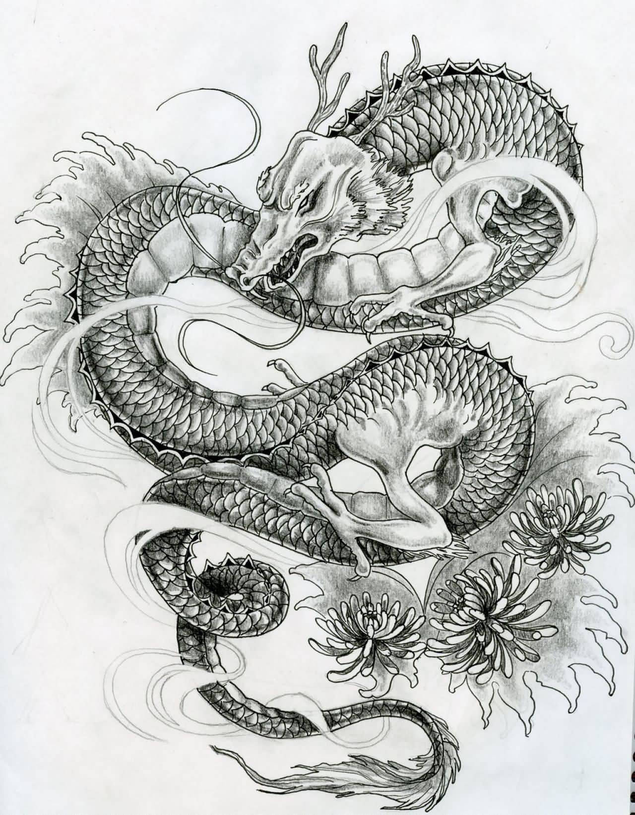 日本龍紋身鉛筆藝術 壁紙 — 一幅詳細的黑白插圖，描繪了一條盤繞的龍，帶有複雜的鱗片和飄逸的鬃毛，周圍環繞著菊花和旋轉的雲朵。