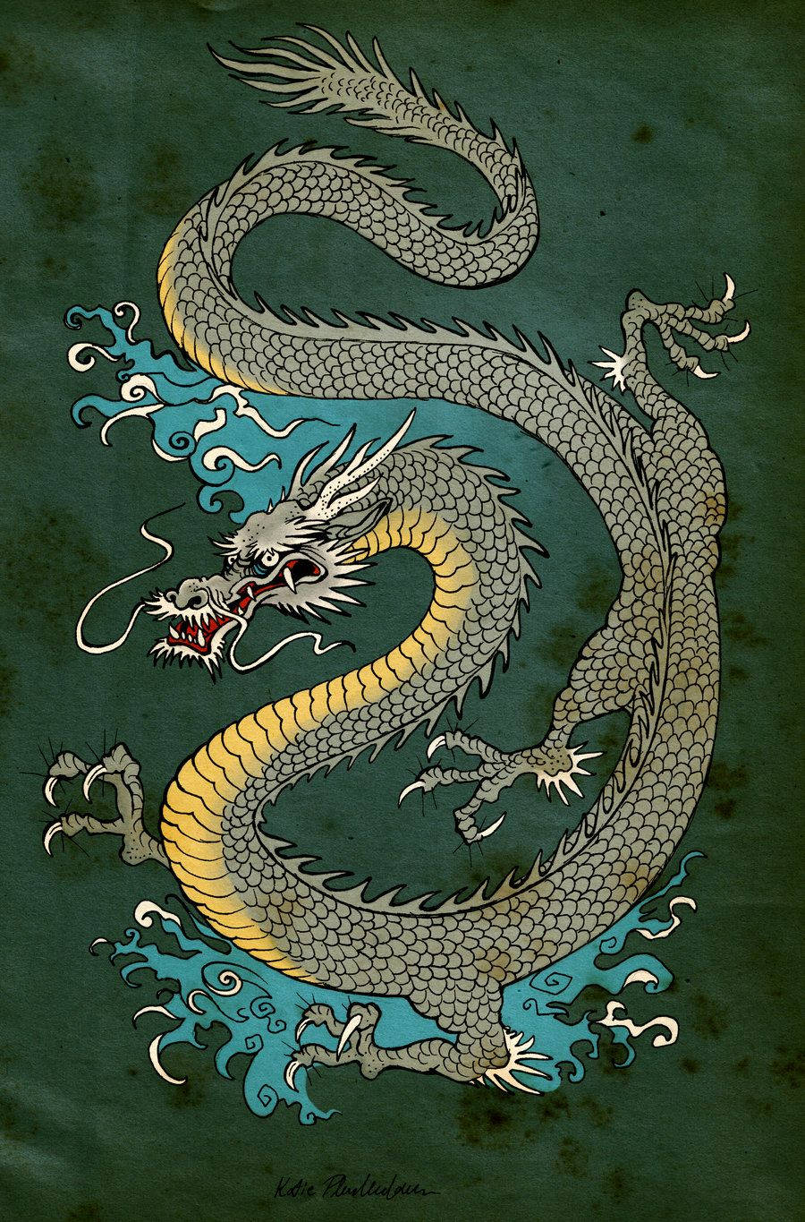 一條風格化的龍，帶有灰色鱗片和金色點綴，在綠色背景上的旋轉藍色雲朵中。