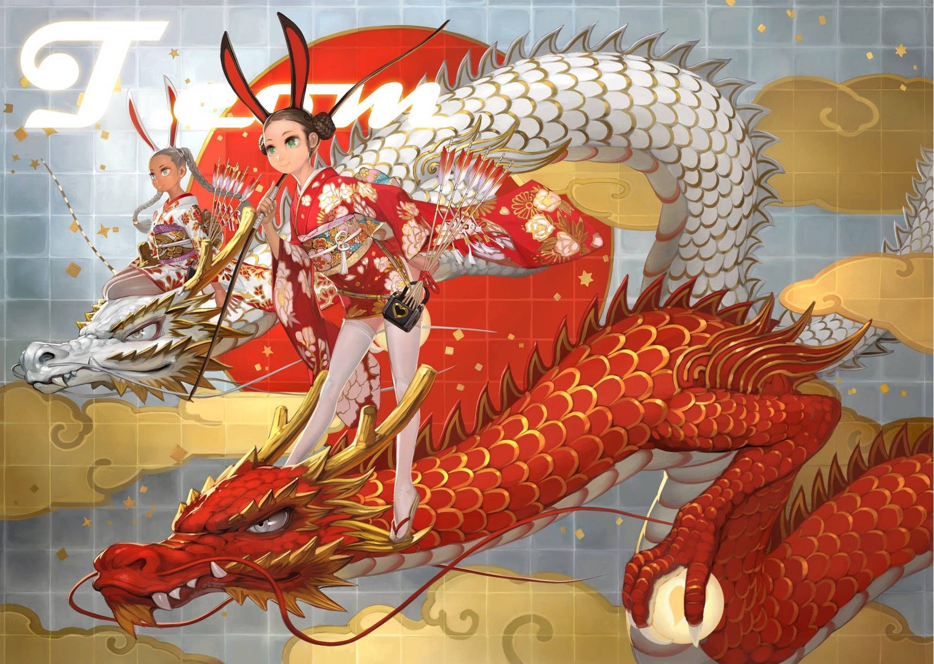 兩位身穿和服的動漫女孩在太陽和雲朵背景下騎龍。
