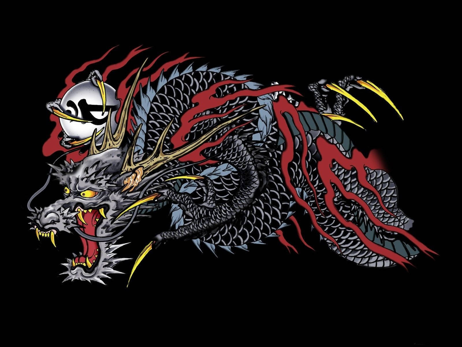一隻風格化的黑龍，帶有紅色火焰和黃色爪子，在黑色背景上咆哮。