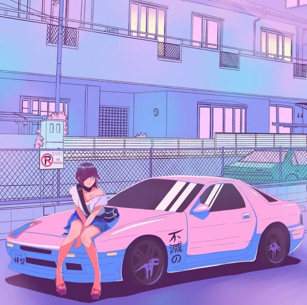 女孩坐在粉藍色跑車上，位於黃昏時分霓虹燈閃爍的都市街道上。