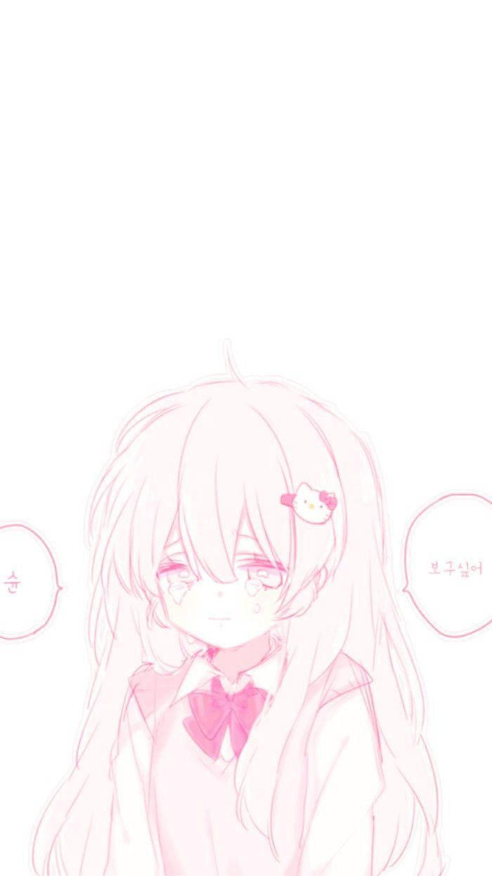 日系動漫傷感少女插畫 壁紙 — 一位柔和的粉紅色動漫女孩，長髮上繫著蝴蝶結，在極簡的白色背景前溫柔微笑。