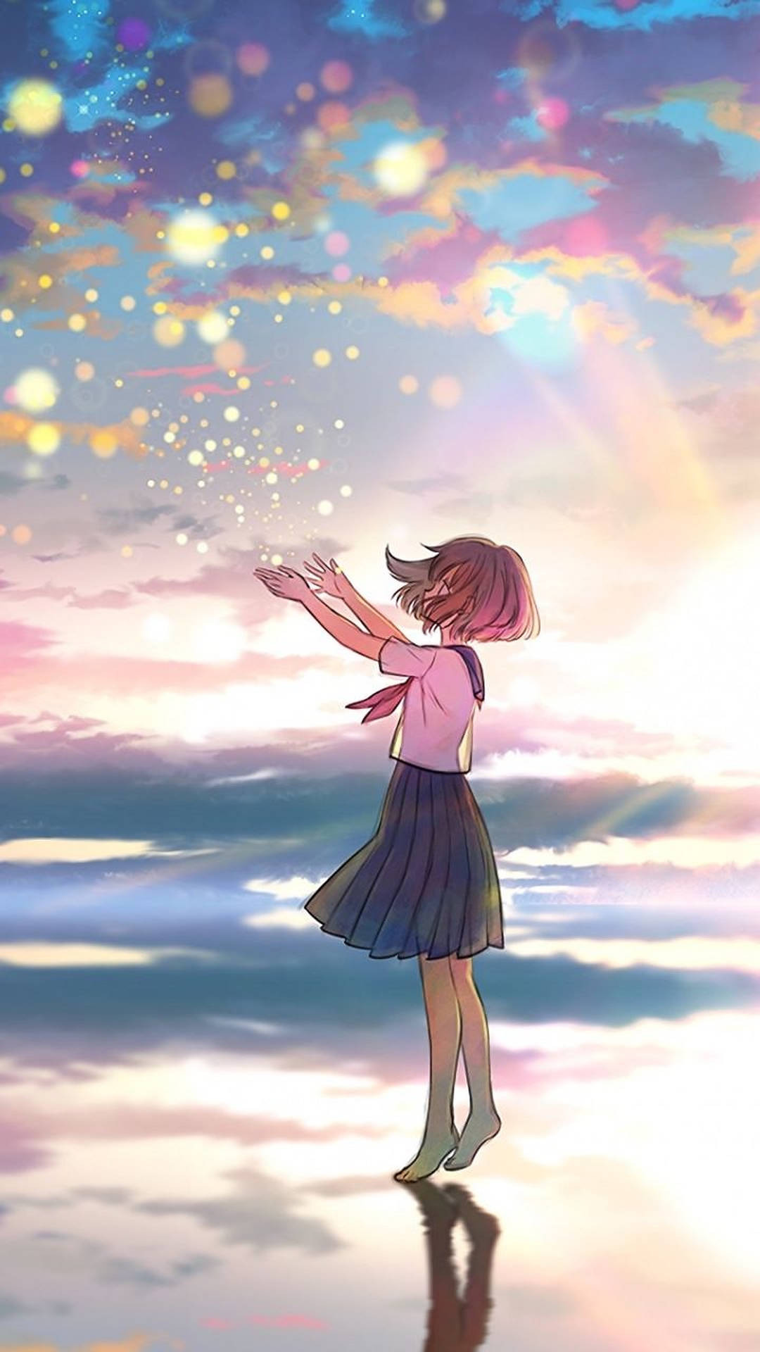 穿著校服的女孩在夢幻般的日落天空中伸手朝向發光粒子。 — 美學女孩 壁紙