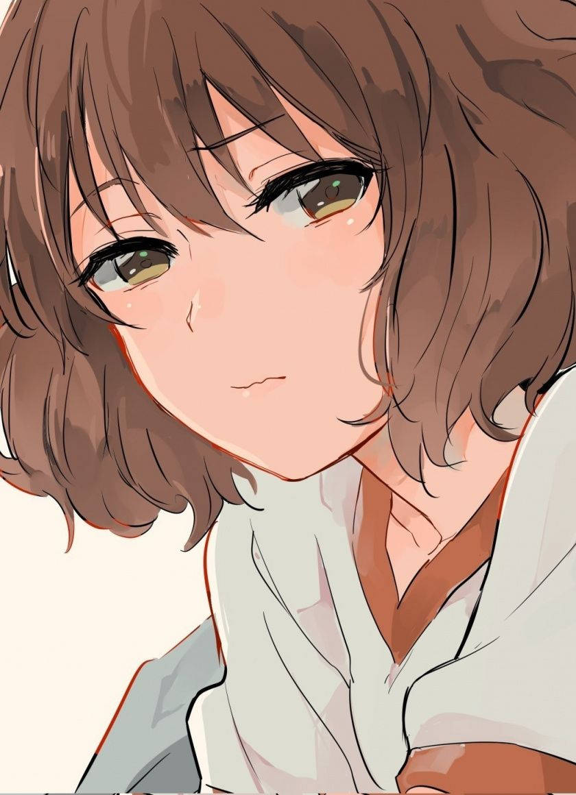 日系動漫棕髮少女 壁紙 — 一個棕髮、眼神溫暖的動漫女孩特寫，帶著溫柔的表情輕輕凝視。