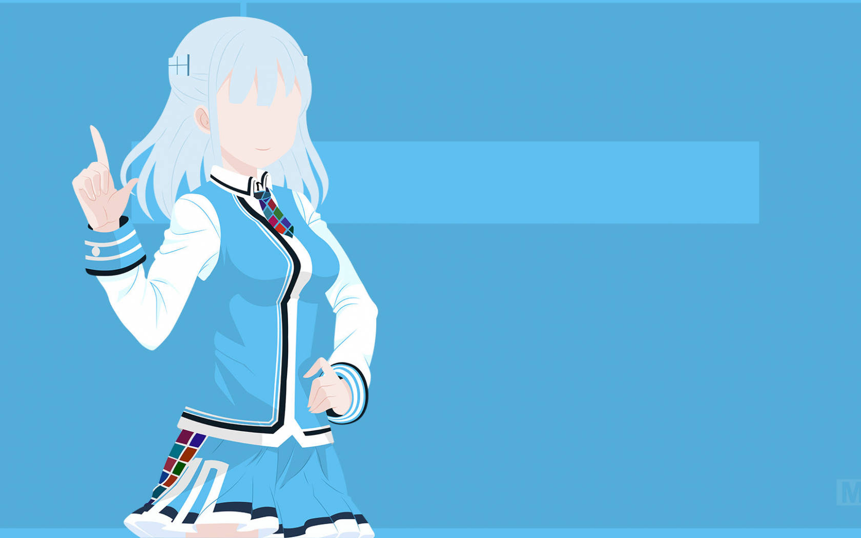 日系動漫風格穿藍色制服少女 壁紙 — 銀髮動漫少女穿著藍色校服，在純藍色背景上向上指。