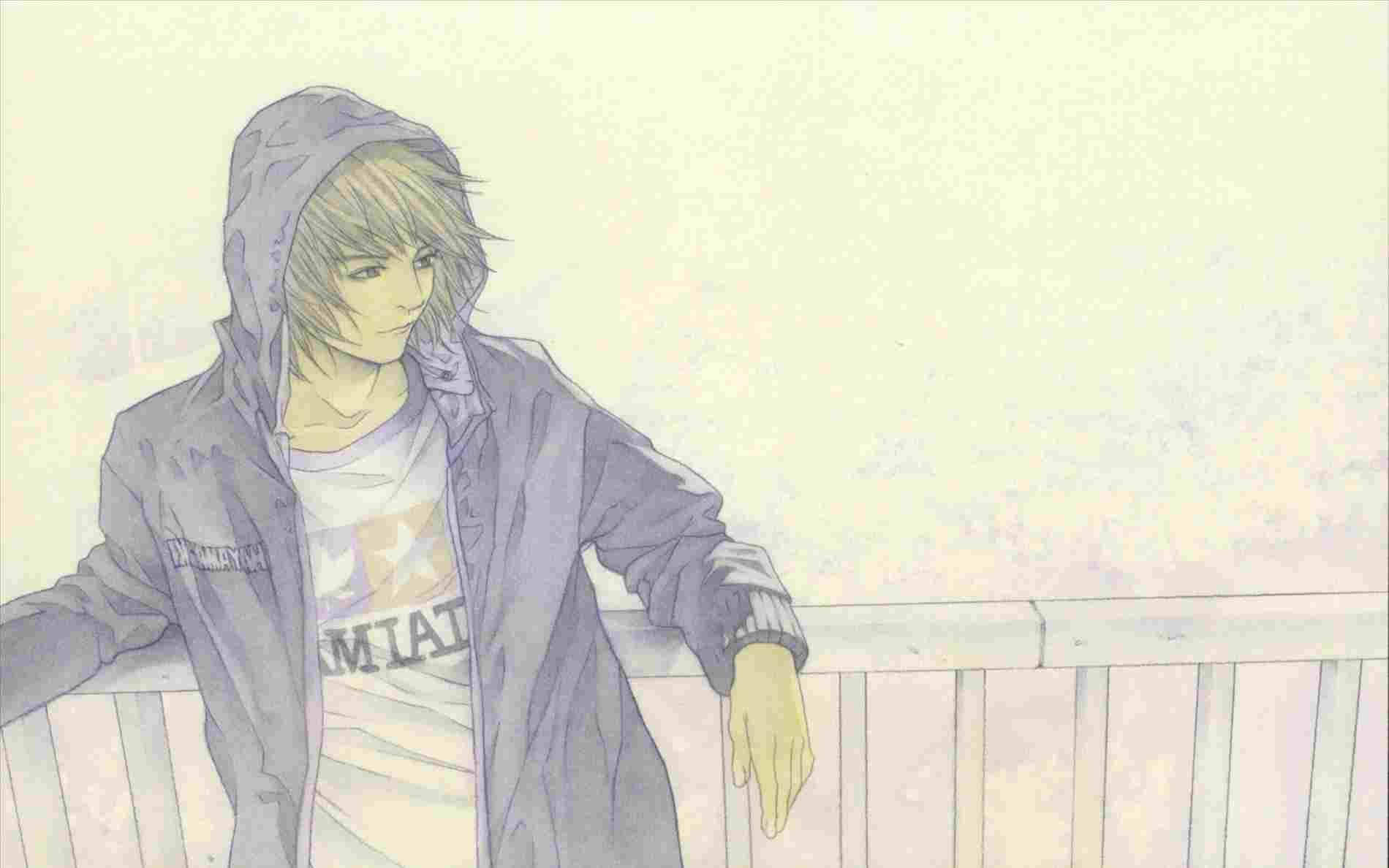 穿著紫色連帽衫的動漫男孩，以柔和粉彩色調靠在木欄杆上。