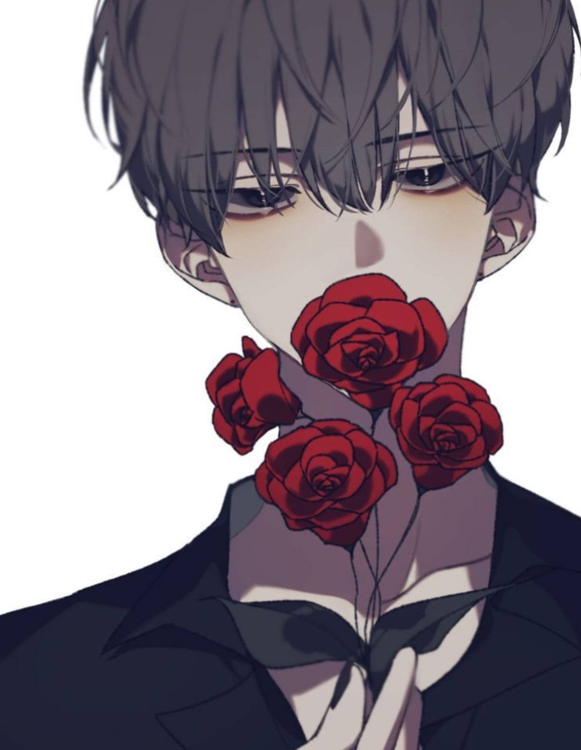 動漫男孩拿著紅玫瑰，表情憂鬱。