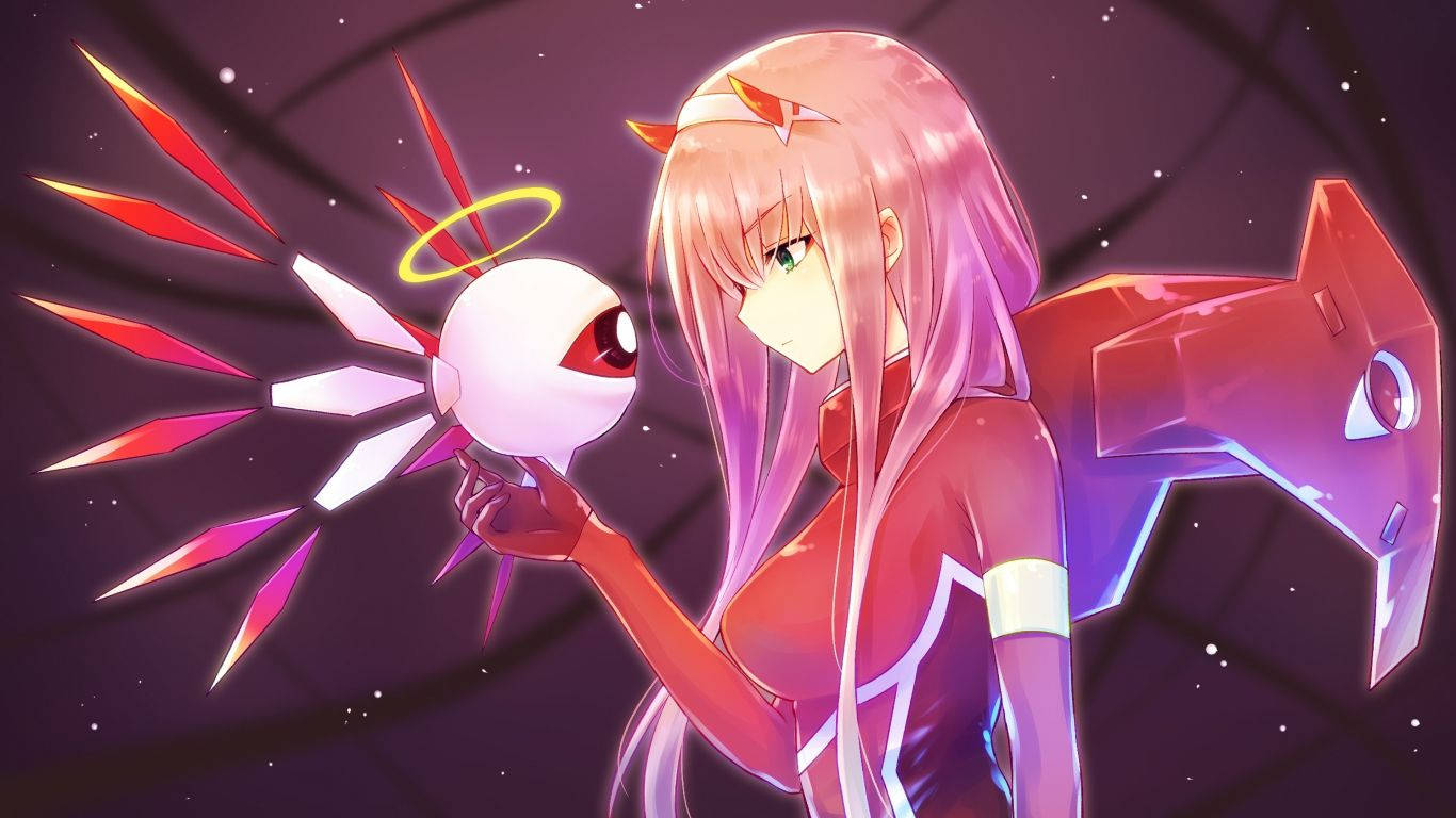 日系美學桌面壁紙：《Darling in the Franxx》零二與《星之卡比》02同框 壁紙 — 一位粉紅色頭髮的動漫女孩穿著紅色盔甲，在繁星點點的紫色虛空中手持一個帶有光環和紅色尖刺的發光白色球體。