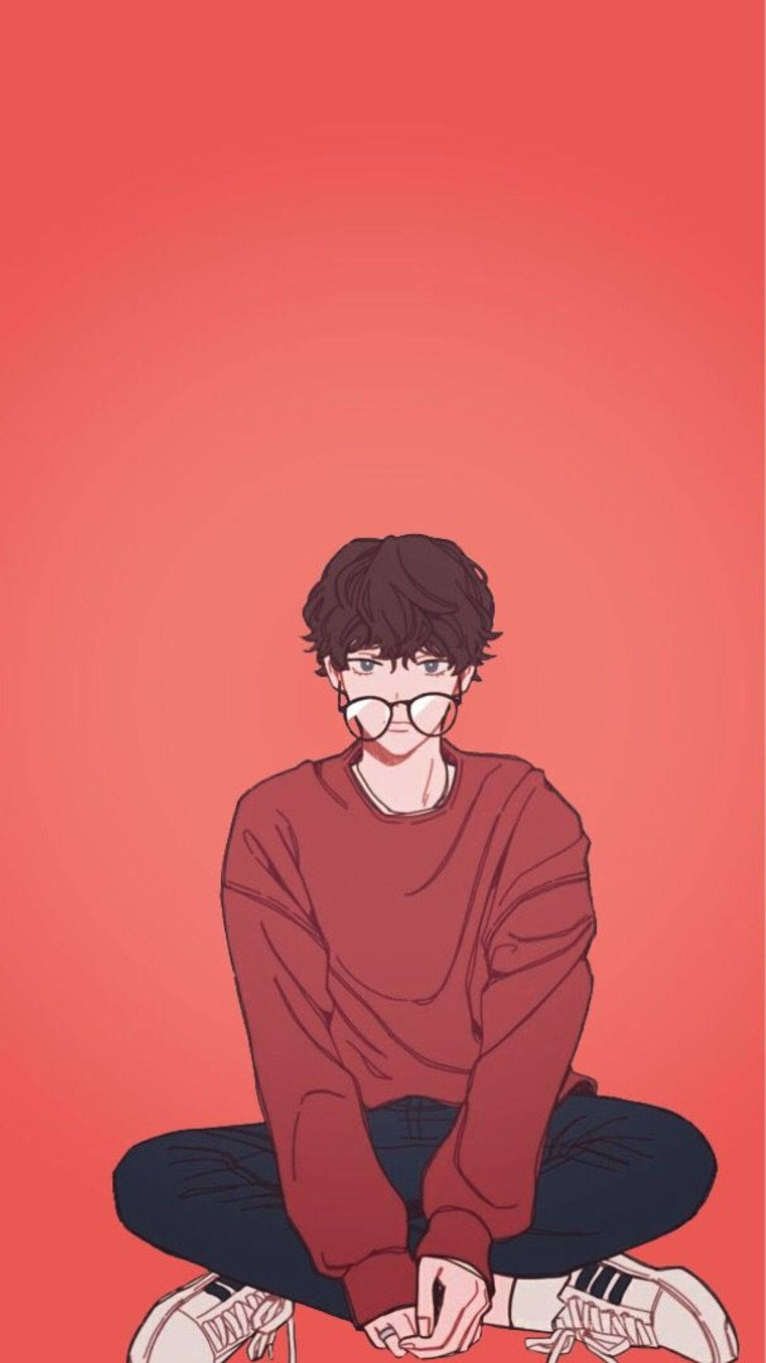 戴眼鏡的年輕動漫男性，身穿紅色運動衫，盤腿坐在珊瑚色背景前。