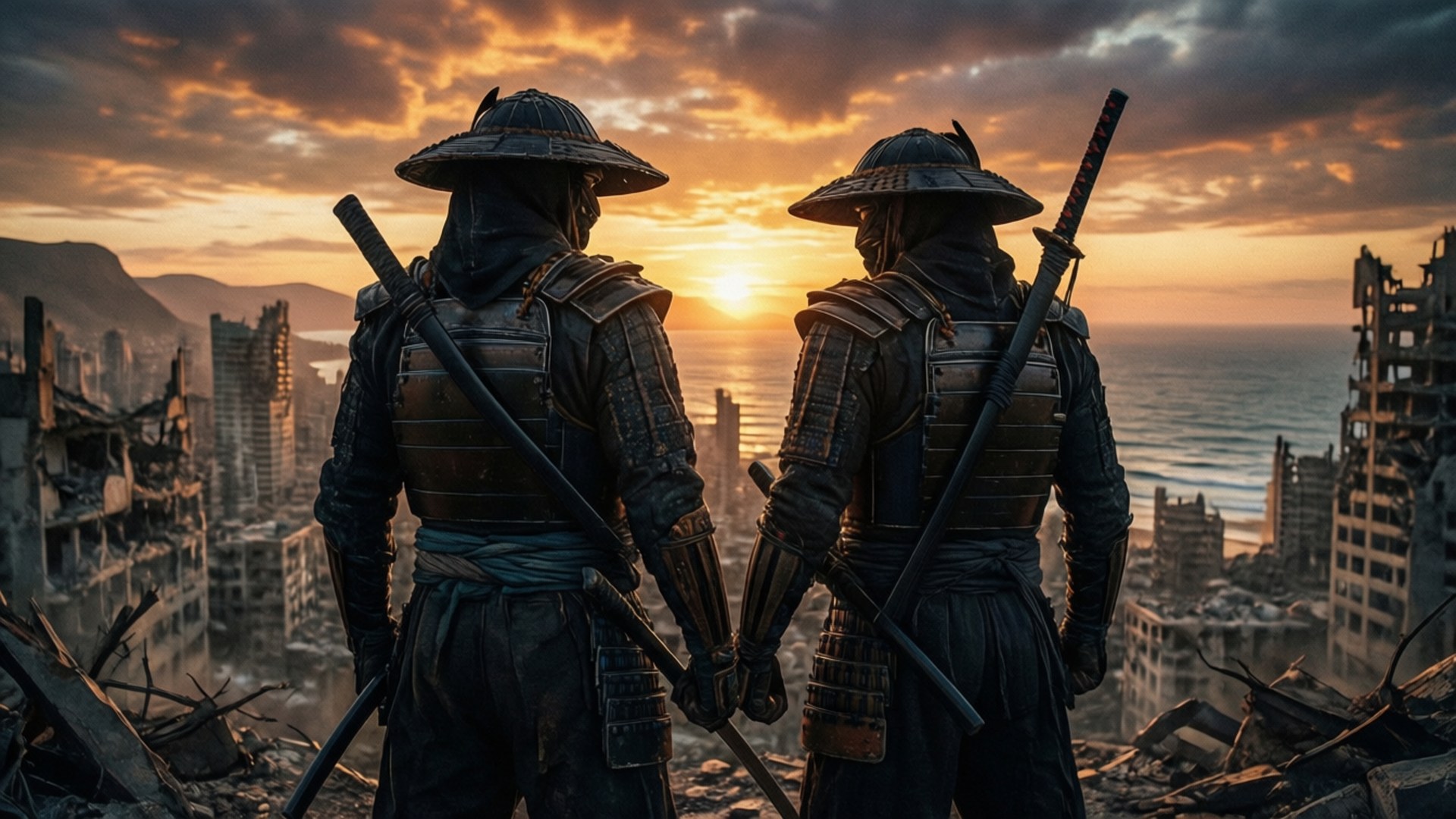 兩名身穿鎧甲的武士戰士站在瓦礫上，俯瞰日落時分被毀的沿海城市。