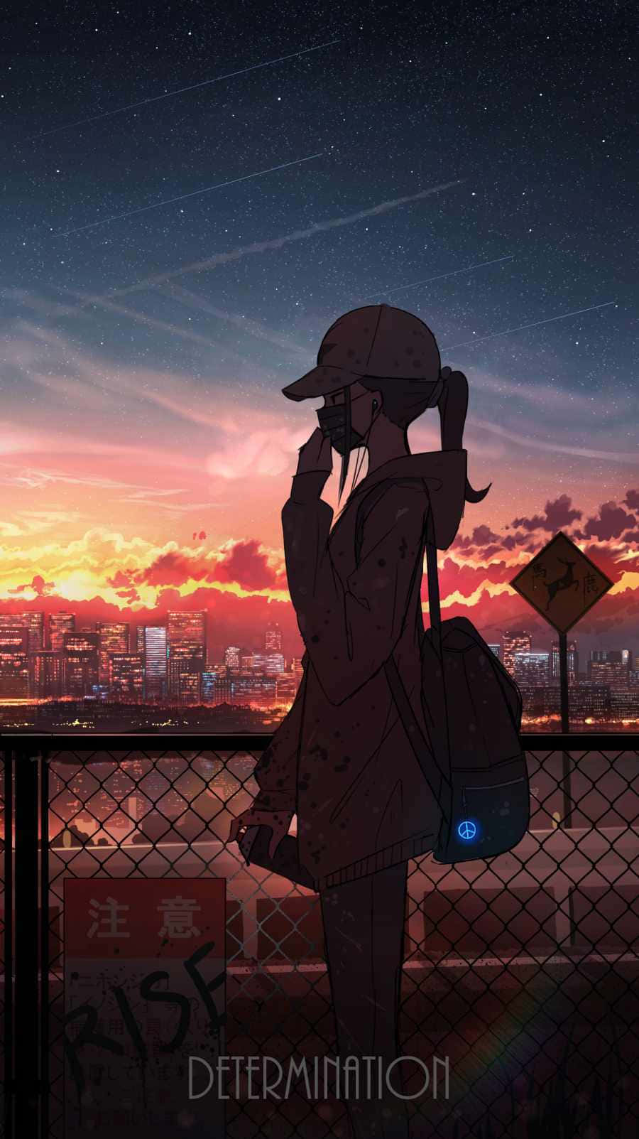 動漫女孩戴著帽子和口罩站在圍欄上俯瞰日落時分的城市與星星