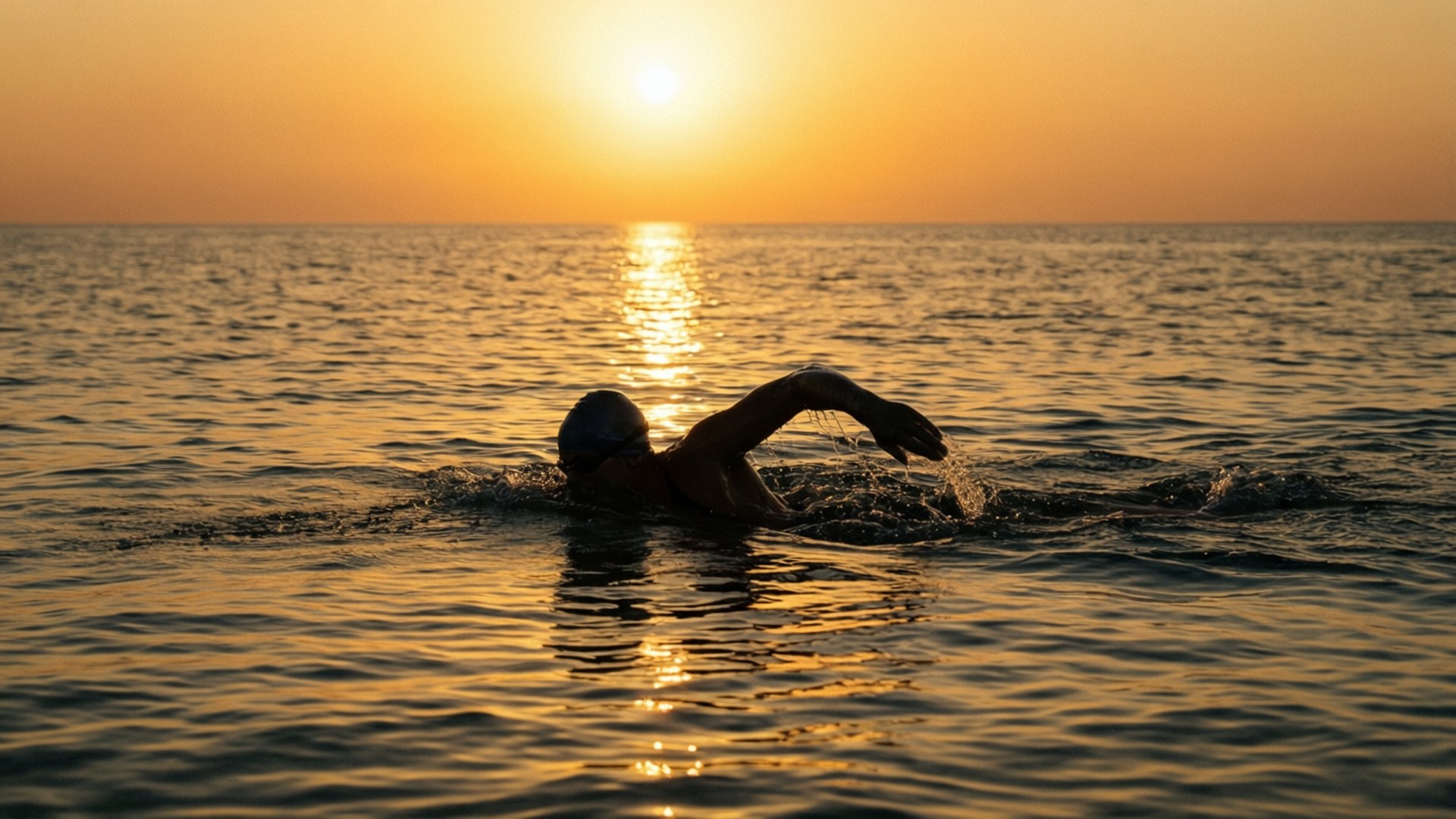 日落仰泳 壁紙 — 一名游泳者在金色海洋中滑行，夕陽在他們身後落下，散發出溫暖的光芒。