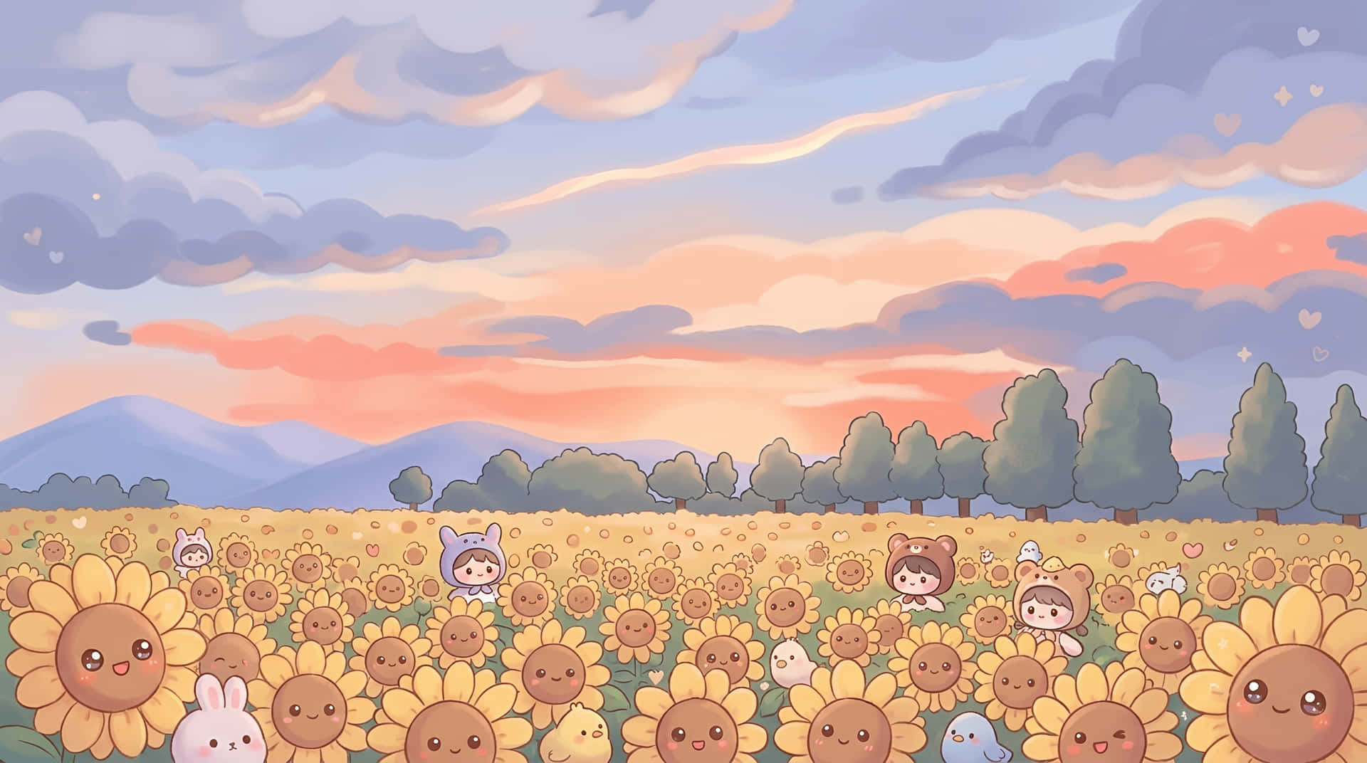 向日葵與卡通角色在夕陽下的田野中