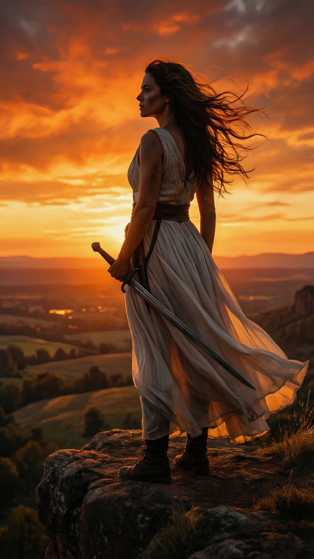一位持劍的女戰士站在懸崖上，夕陽西下，俯瞰山谷。