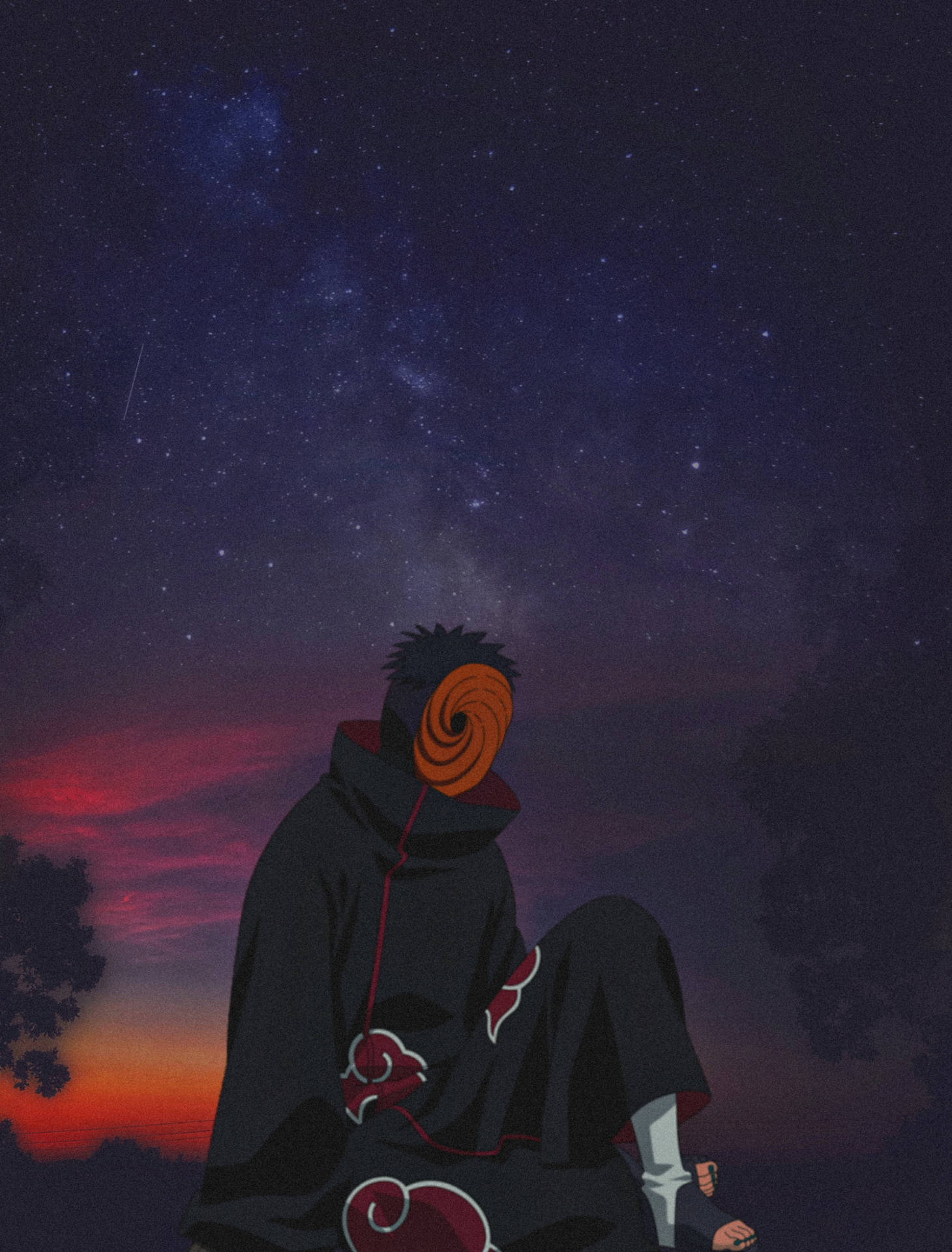 身穿黑色斗篷和面具的動漫角色坐在星空暮色天空下。 — 火影忍者 4K 壁紙
