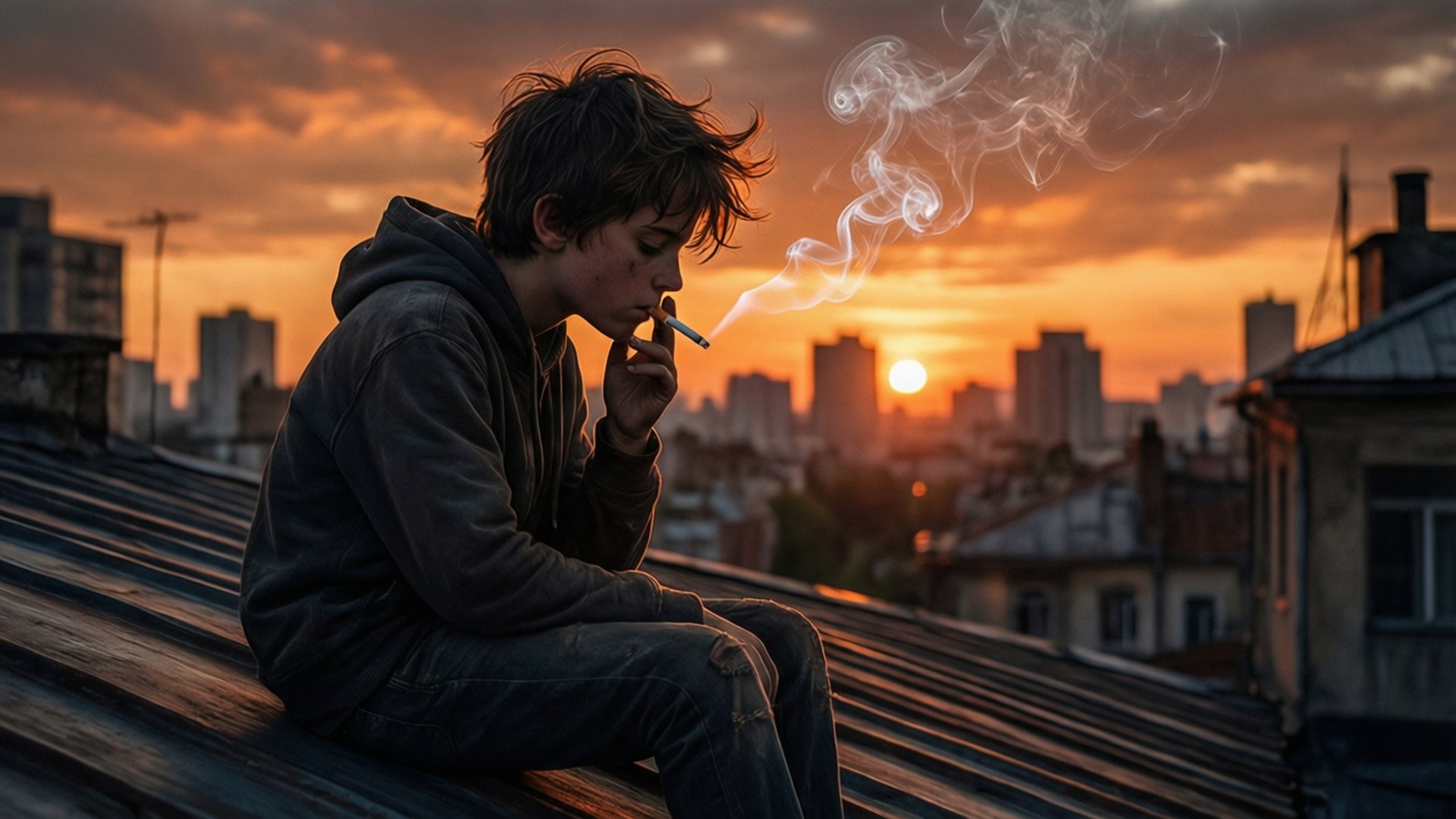 青少年在日落時分在屋頂上抽煙，俯瞰城市