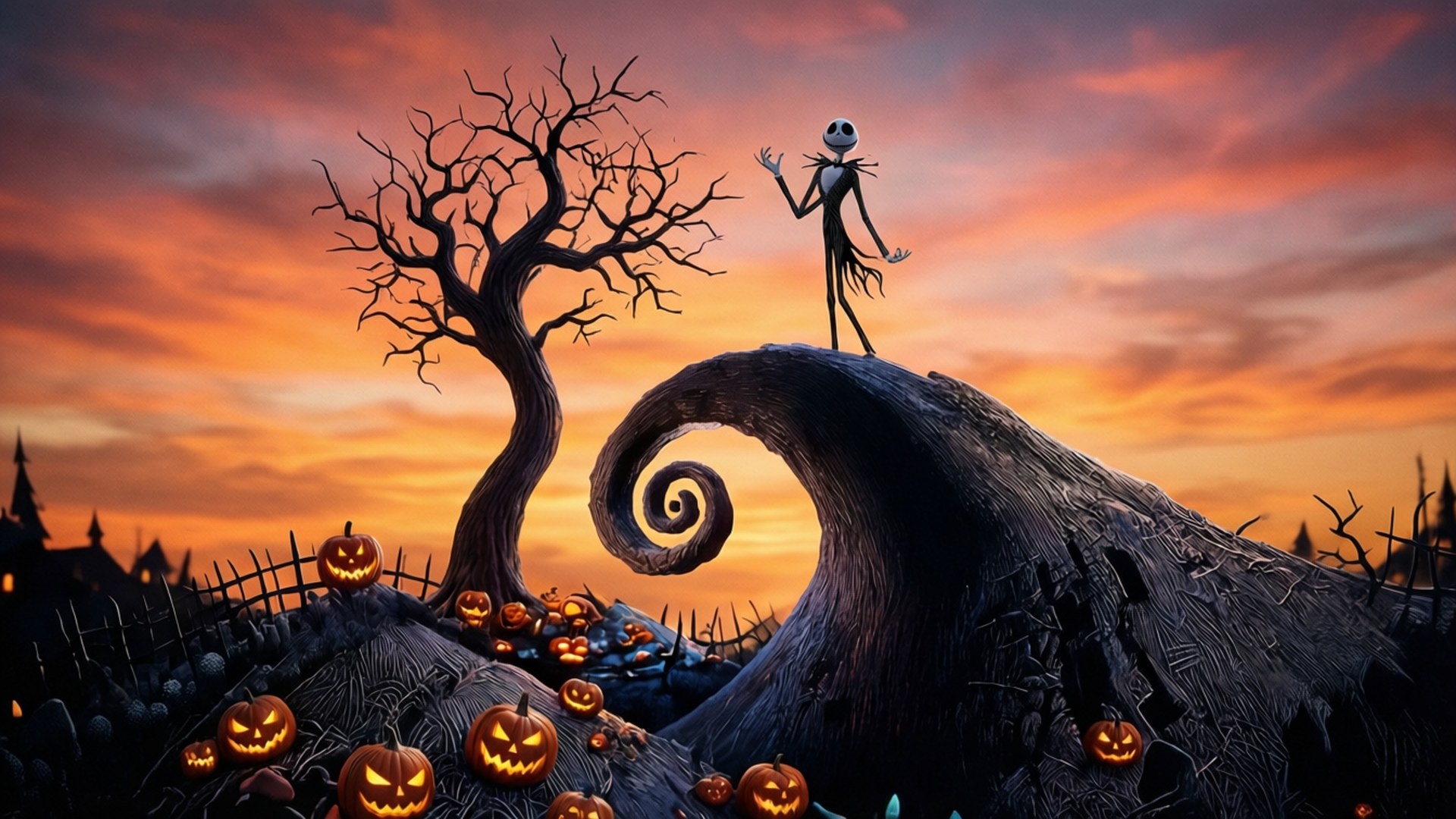 日落山丘剪影 壁紙 — Jack Skellington 站在螺旋形山丘上，周圍是發光的南瓜，背景是火橙色的日落天空。