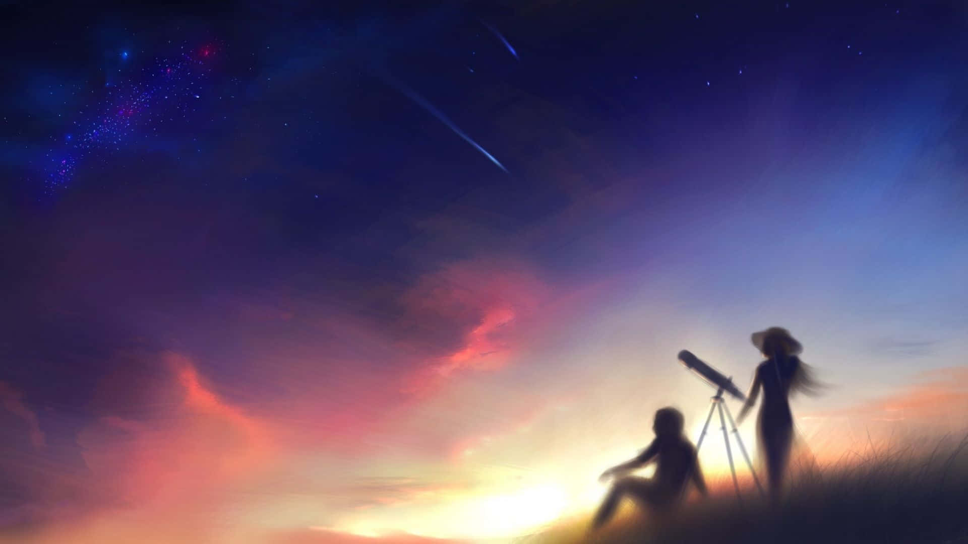 一名女子和一個小孩觀察著有星星和宇宙條紋的多彩暮色天空。