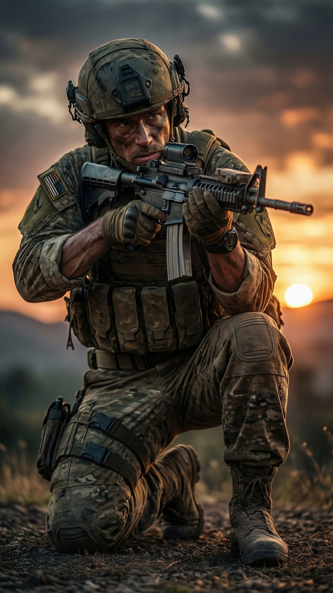 迷彩裝備的士兵在日落時跪著持步槍