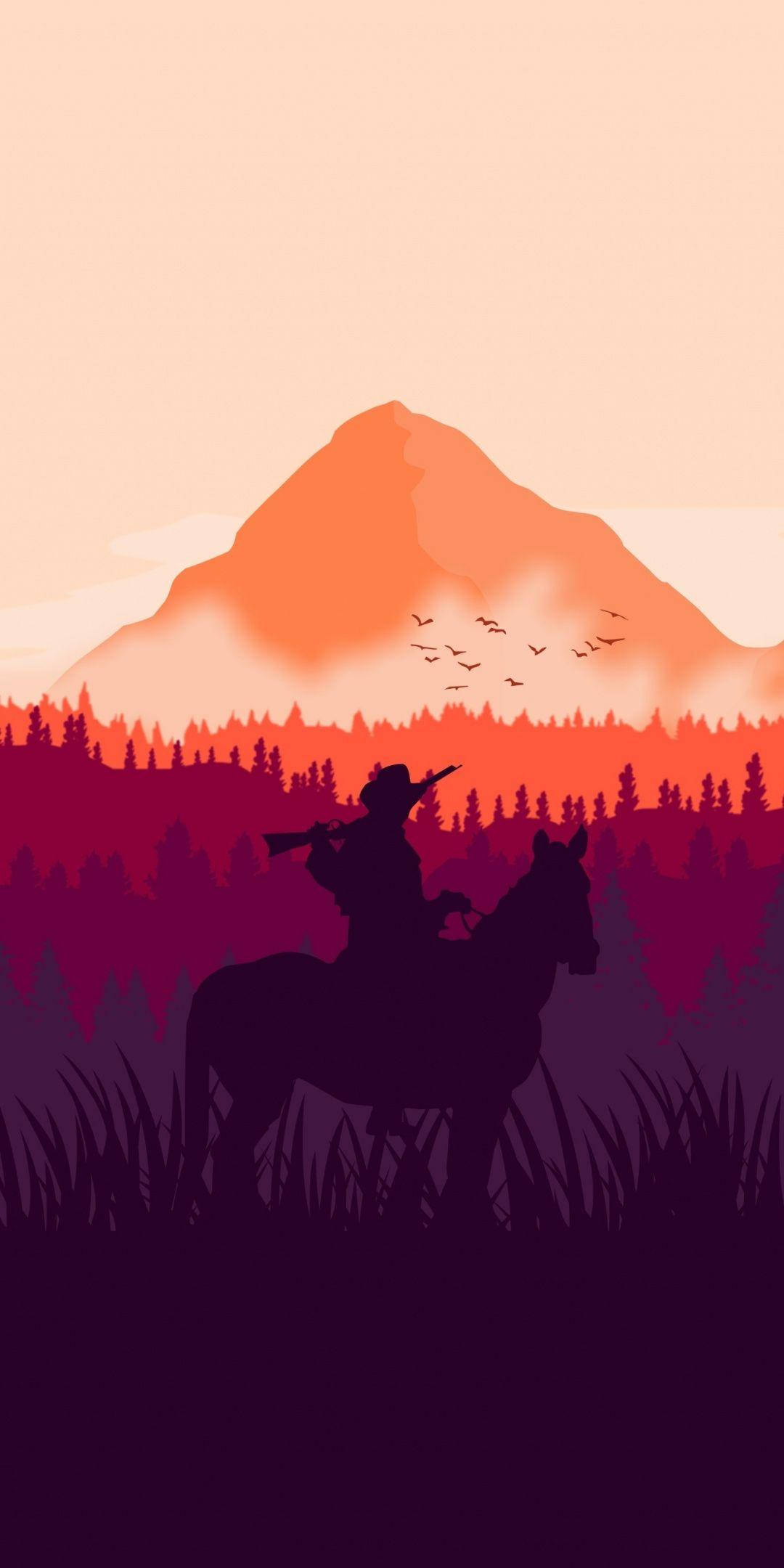 Mountain 桌布 壁紙 — 日落時分，一名孤獨的騎手騎在馬背上，背景是充滿活力的橙色山脈，頭頂有鳥兒飛翔的剪影。