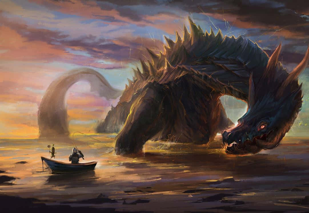 Monster Hunter Monsters 桌布 壁紙 — 日落時分，一條巨大的龍從水中升起，而小船上的兩個人影正面對牠巨大的頭部。