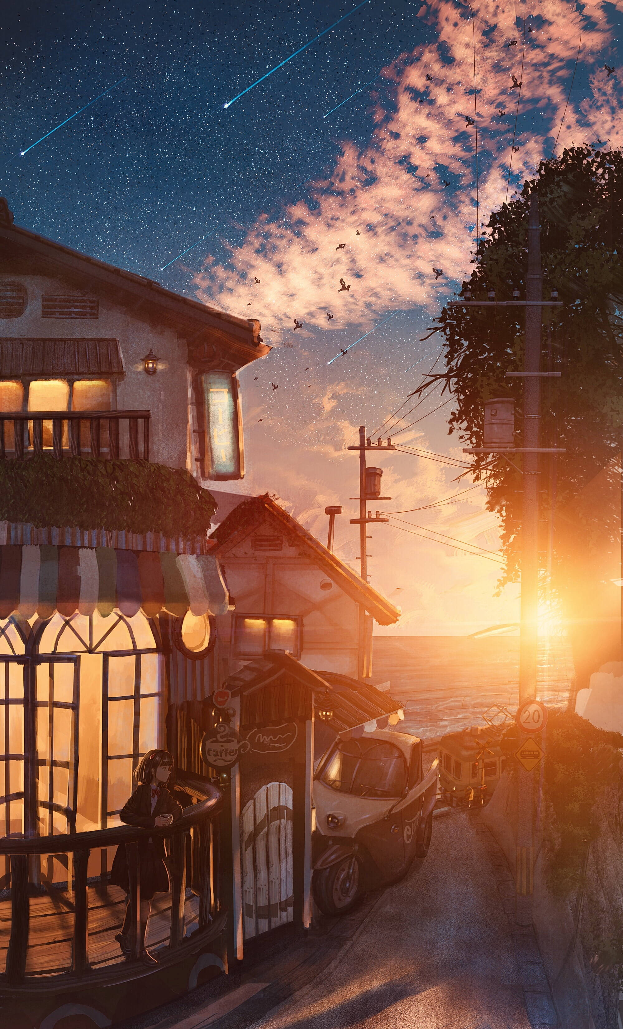 Aesthetic Anime iPhone 桌布 壁紙 — 日落時分，一條舒適的海邊村莊街道，窗戶閃爍著光芒，星空中有流星劃過。