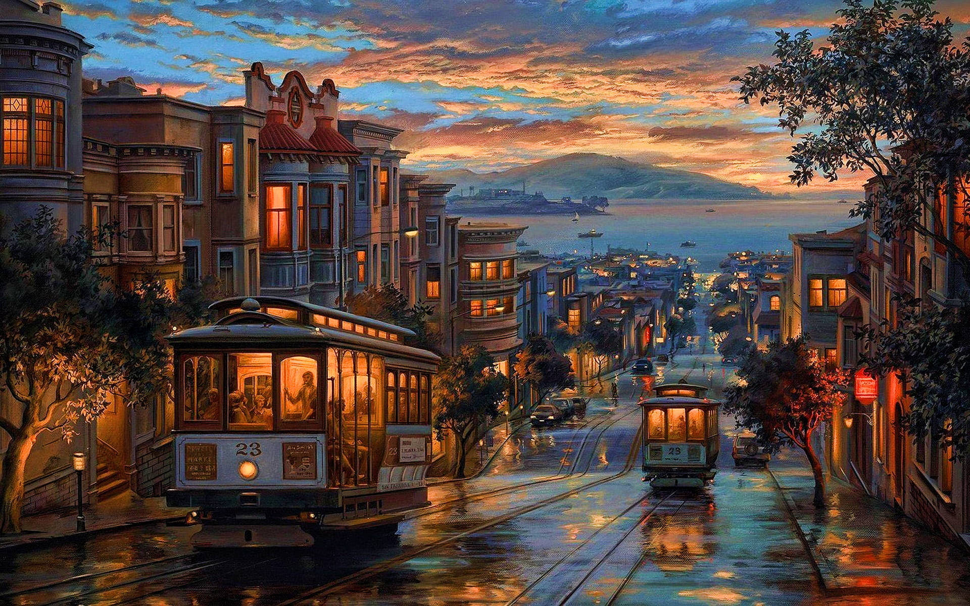 San Francisco Phone 桌布 壁紙 — 日落時分，三藩市一條被雨水打濕的街道，纜車在色彩繽紛的維多利亞式建築和遠處海灣的映襯下溫暖地發光。