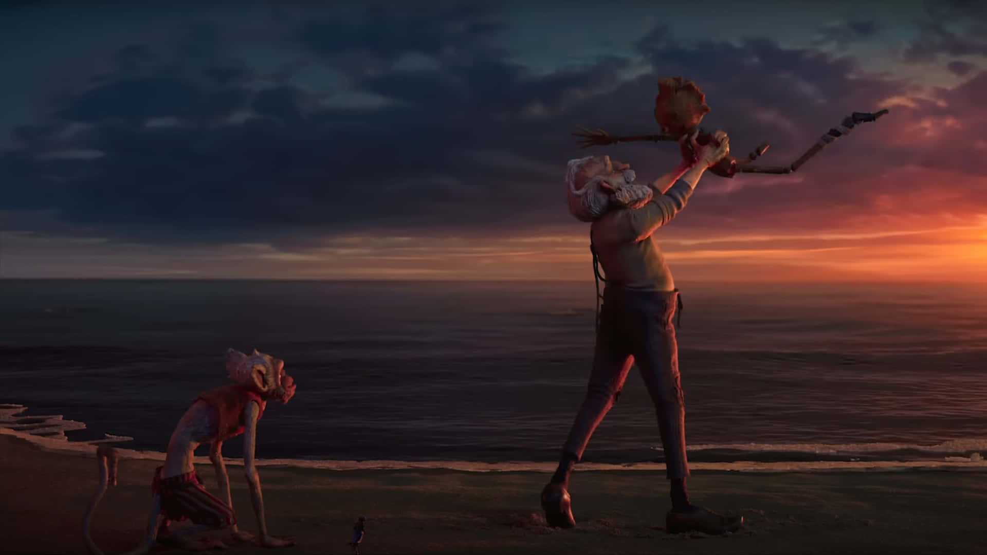 Guillermo Del Toro's Pinocchio 桌布 壁紙 — 日落時分，懸崖邊有兩個奇幻生物，一個勝利地站著，手裡拿著一隻鳥，另一個跪在附近，俯瞰著大海。