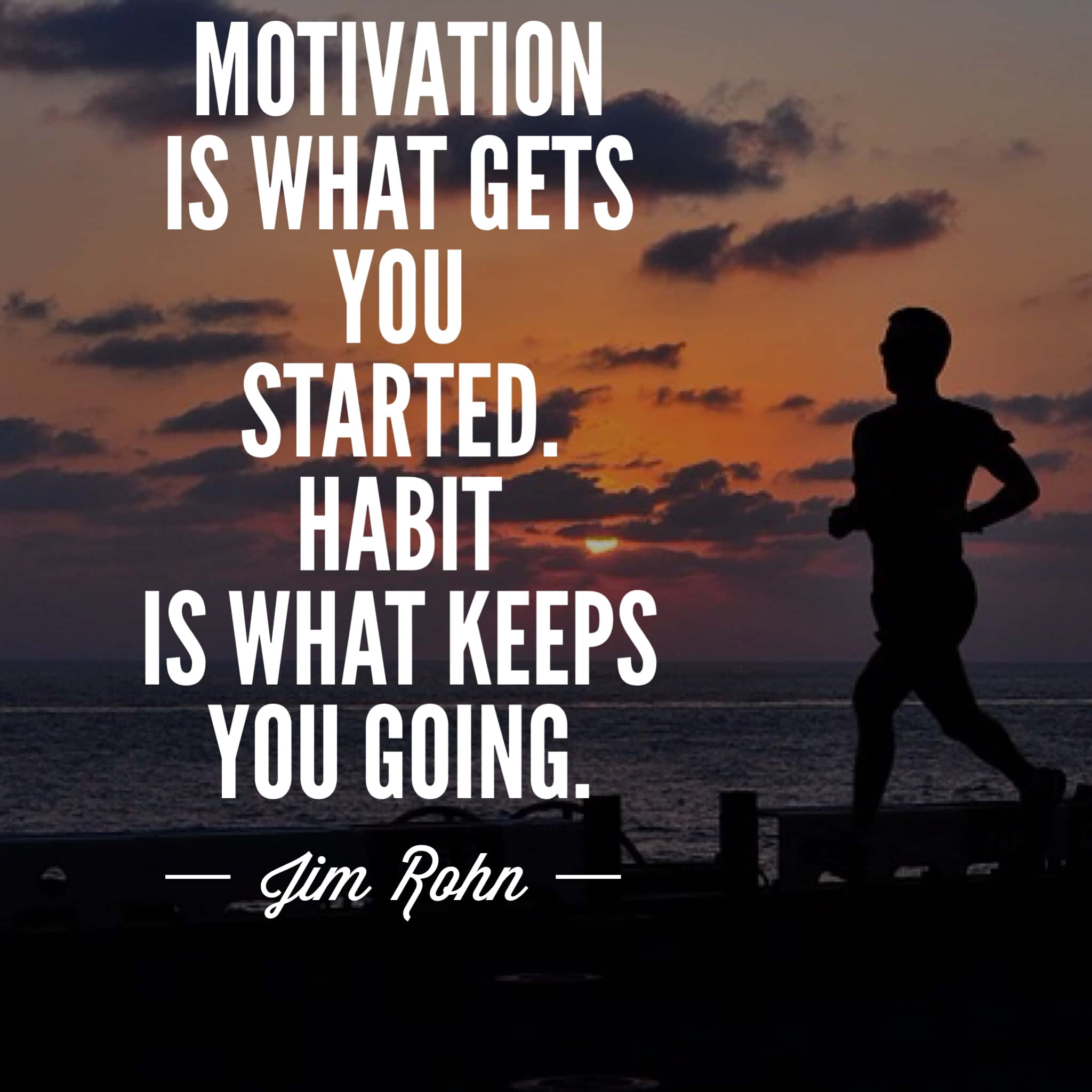 Inspirational Quotes 桌布 壁紙 — 日落時分，碼頭上跑步者的剪影，上面覆蓋著一句勵志名言。