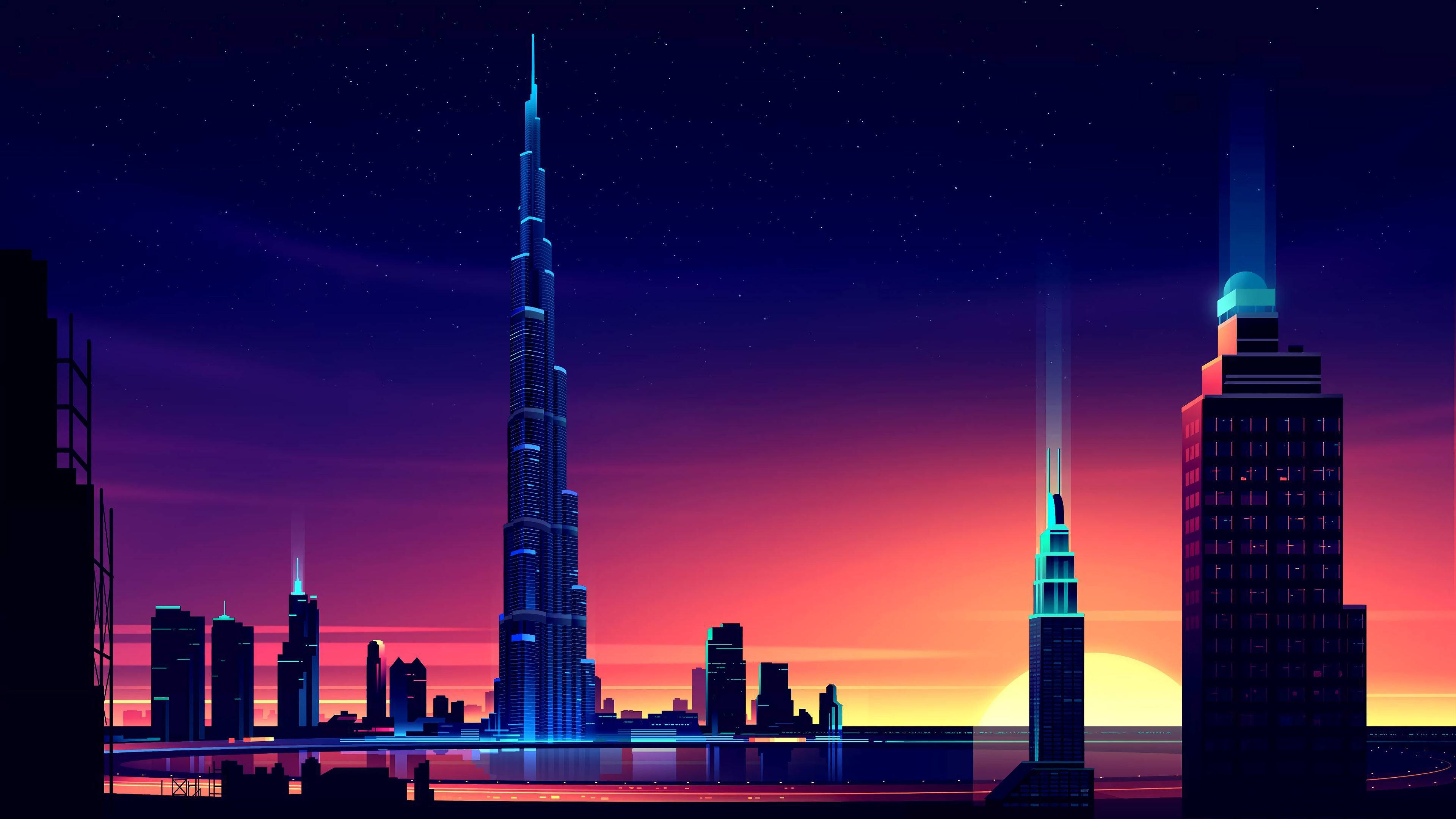 Skyscraper 桌布 壁紙 — 日落時分，霓虹燈照亮嘅未來城市景觀，高聳嘅摩天大樓喺充滿活力嘅紫色同橙色天空下閃耀。