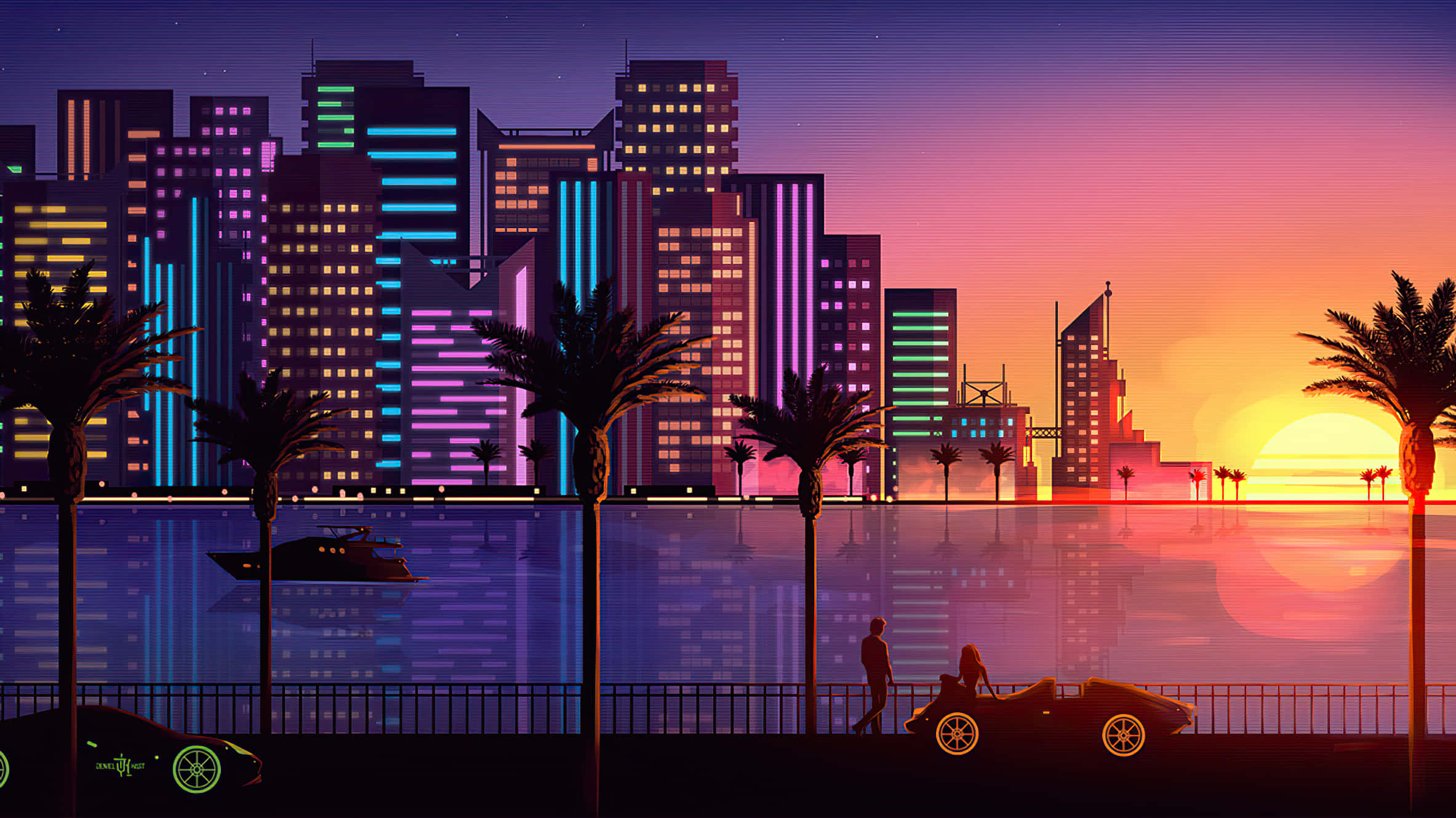 Miami 桌布 壁紙 — 日落時分，霓虹燈照亮的天際線倒映在水中，棕櫚樹的剪影襯托著一對情侶和一輛敞篷車。
