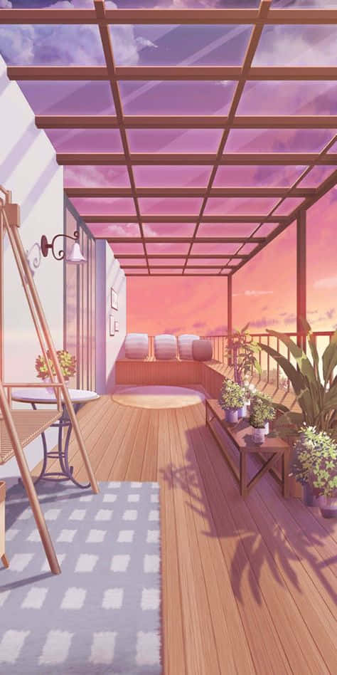 Zepeto 桌布 壁紙 — 日落時分一個寧靜的動漫風格陽台，設有木地板、盆栽植物和玻璃屋頂下的格子地毯。