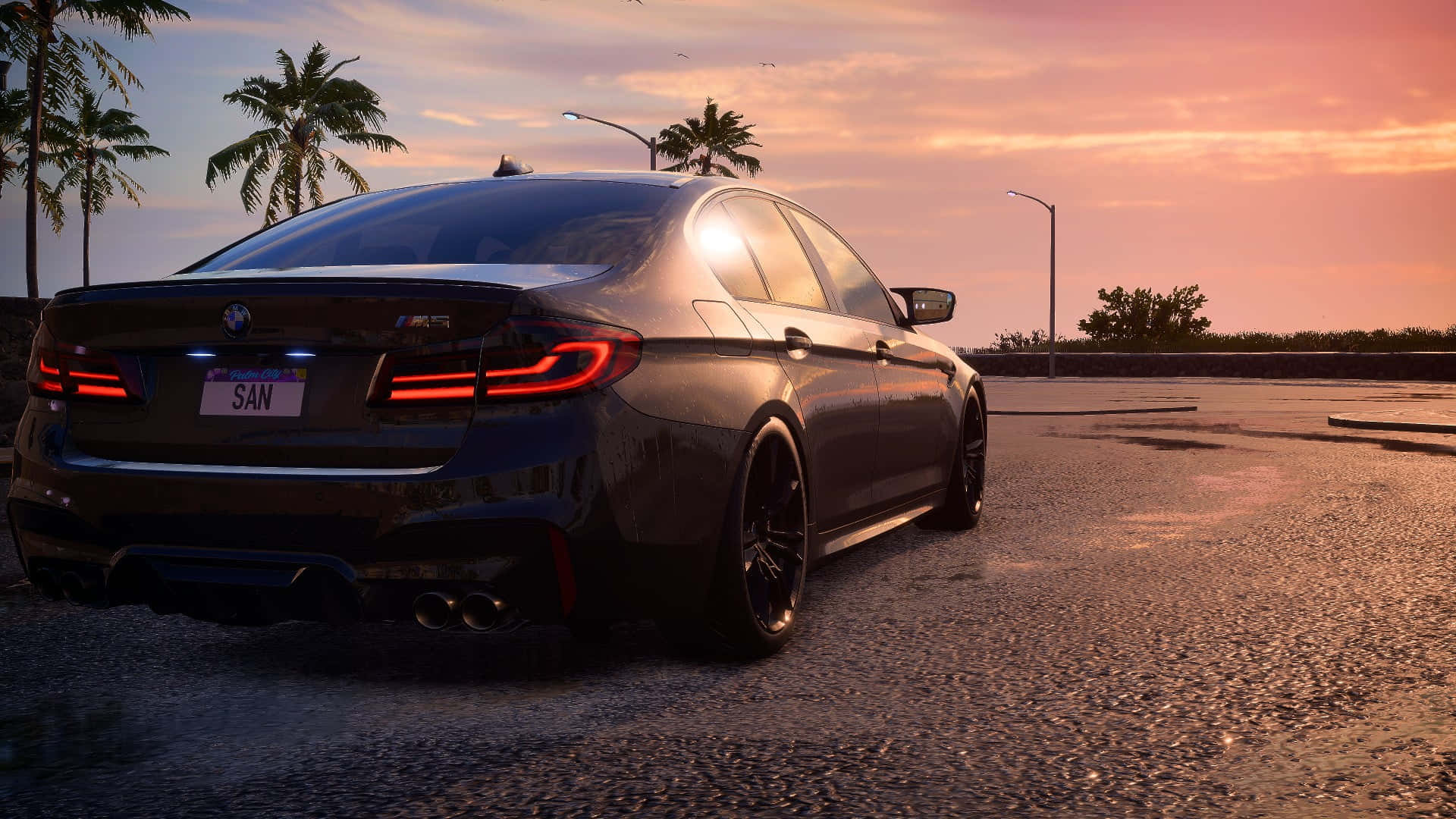 日落時分停泊在柏油路上的黑色BMW M5 壁紙 — 一架時尚的黑色BMW M5停泊在日落時分的濕瀝青路上，伴隨著棕櫚樹和發光的尾燈。