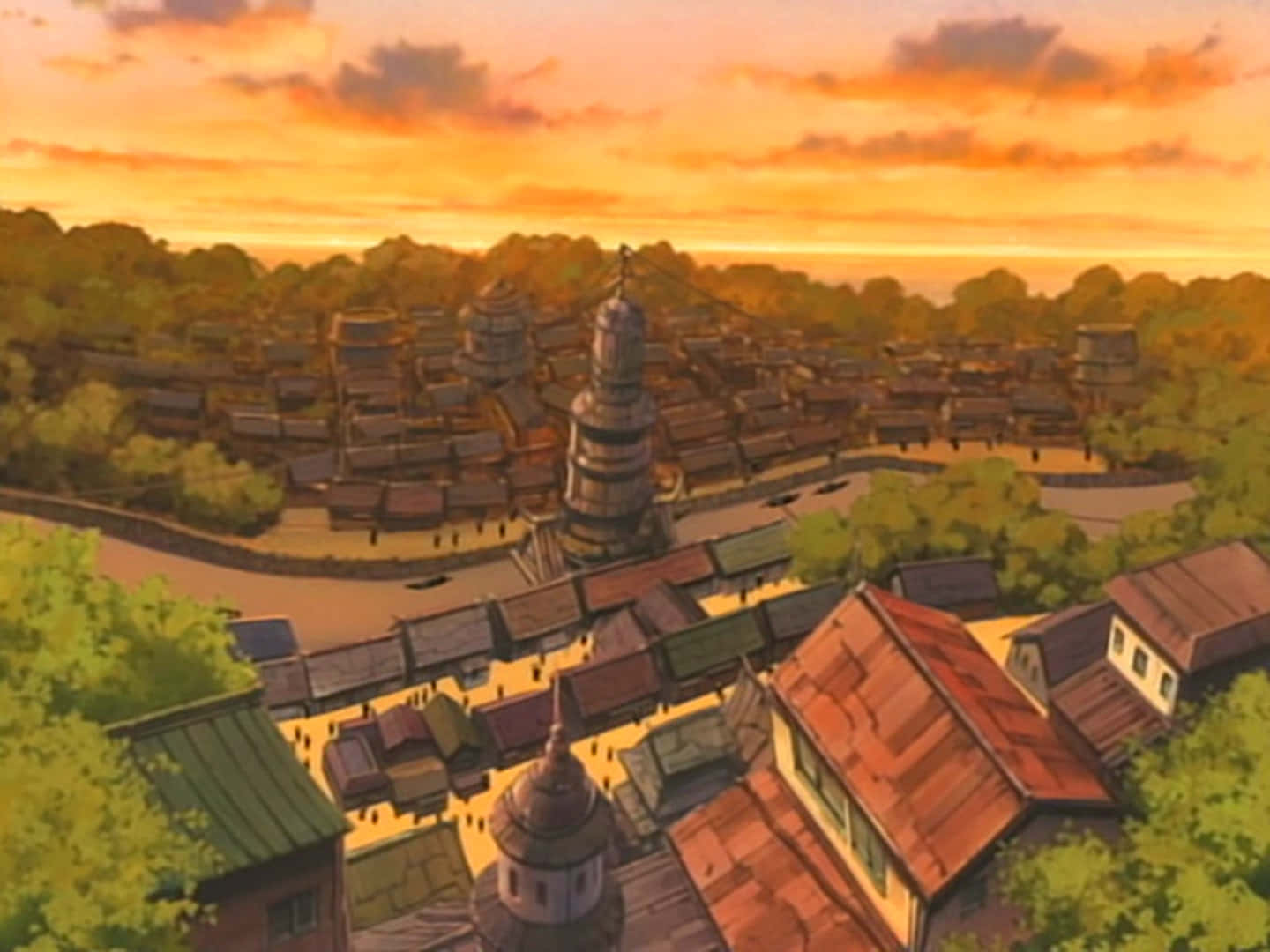 Naruto Village 桌布 壁紙 — 日落時分傳統日本村莊的鳥瞰圖，溫暖的橙色天空和木屋頂。