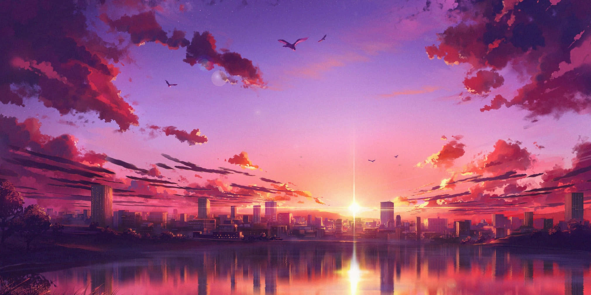 Anime Sunset 桌布 壁紙 — 日落時分充滿活力的動漫風格城市景觀，粉紫色天空倒映在平靜的水面上，鳥兒在上空飛翔。