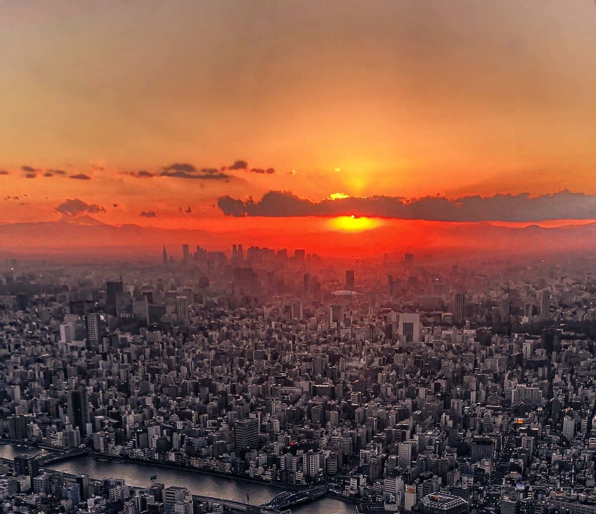 夕陽下的大城市，橙色天空和密集建築。